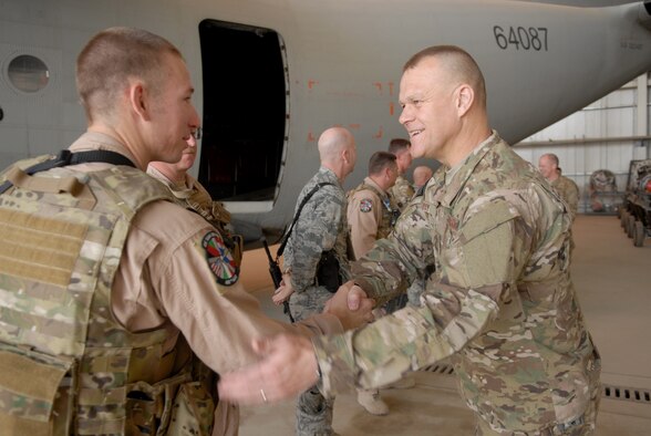 Chief Master Sgt. of the Air Force James A. Roy visits with Airmen from the 438th Air Expeditionary Wing June 17, 2011, at the Afghan air force compound in Kabul, Afghanistan. (U.S. Air Force photo/Tech. Sgt. Brian E. Christiansen)