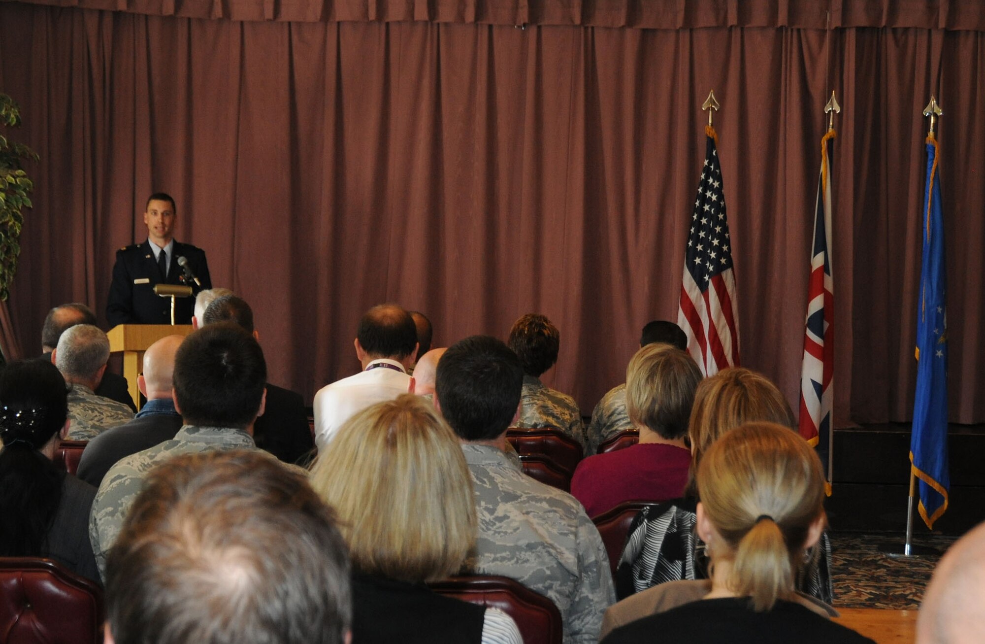 Major Ross Gleason addresses attendees during the 422nd Civil Engineer Squadron change of command ceremony June 21 at RAF Croughton. 