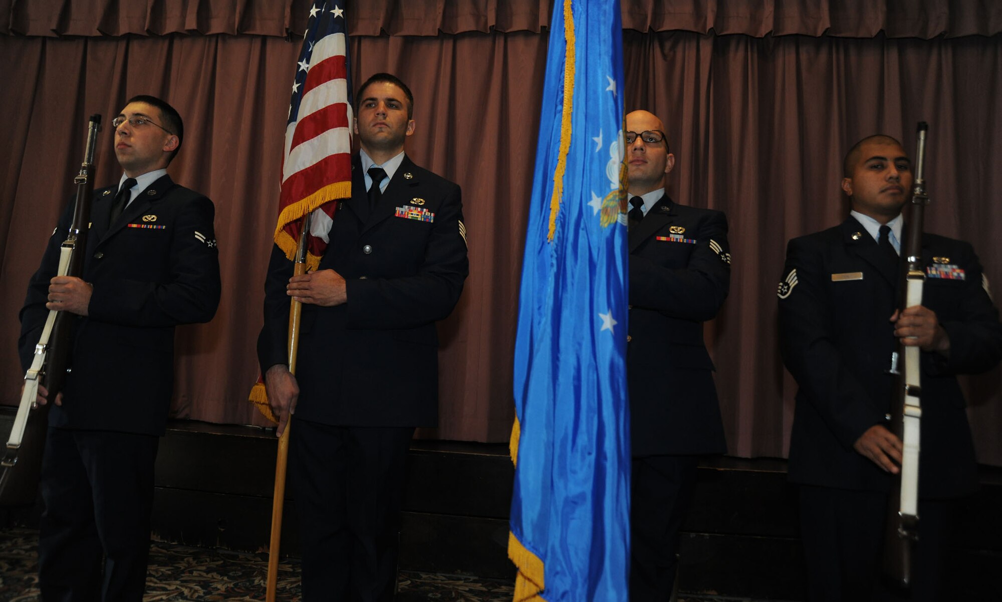 Members of the Croughton Honor Guard post the colors during the 422nd Civil Engineer Squadron change of command June 21 at RAF Croughton.