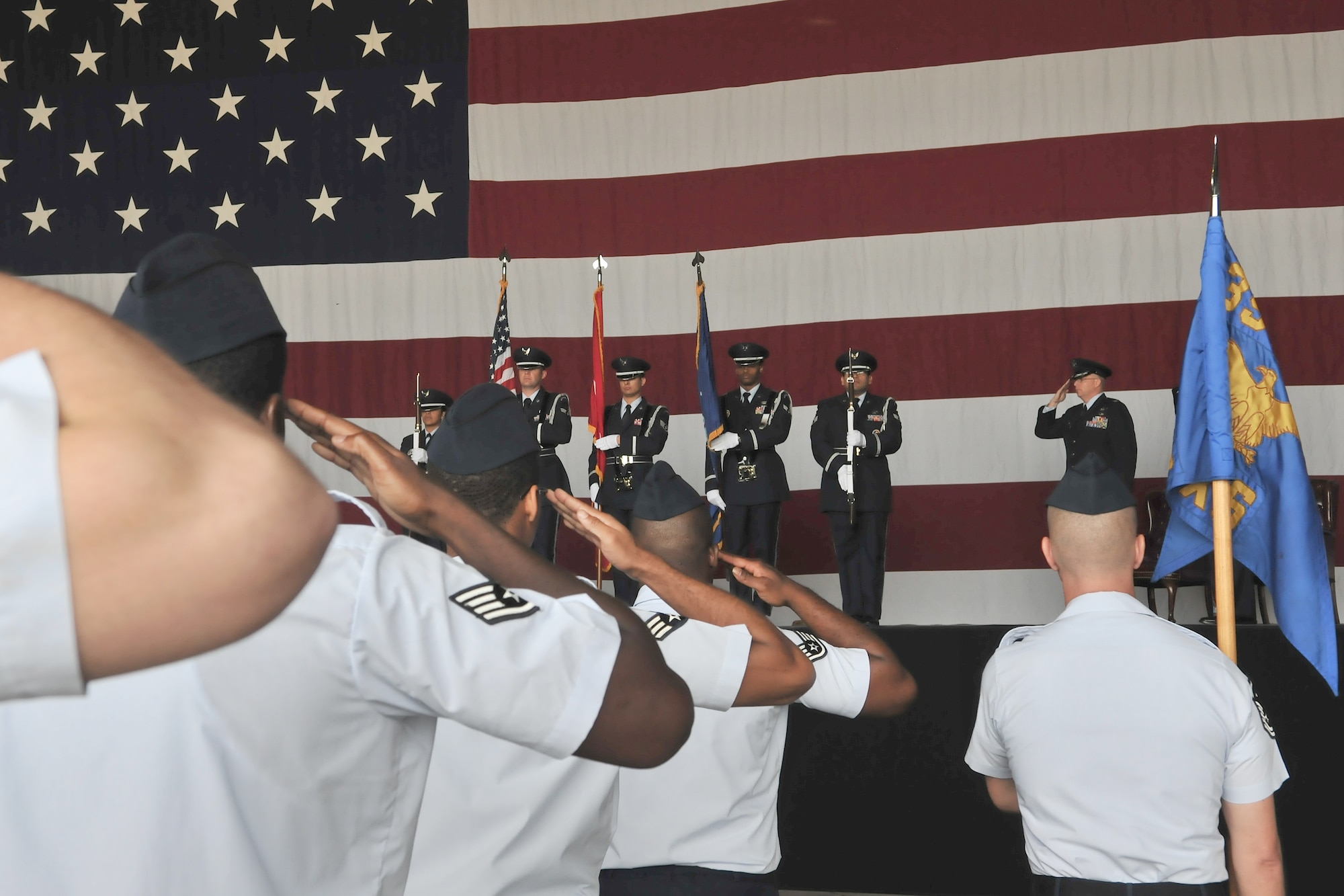 Airmen from the 39th Maintenance Group and 39th Maintenance Squadron render a salute during the group’s inactivation ceremony June 14, 2011, at Incirlik Air Base, Turkey. (U.S. Air Force photo by Staff Sgt. Alexandre Montes/Released)