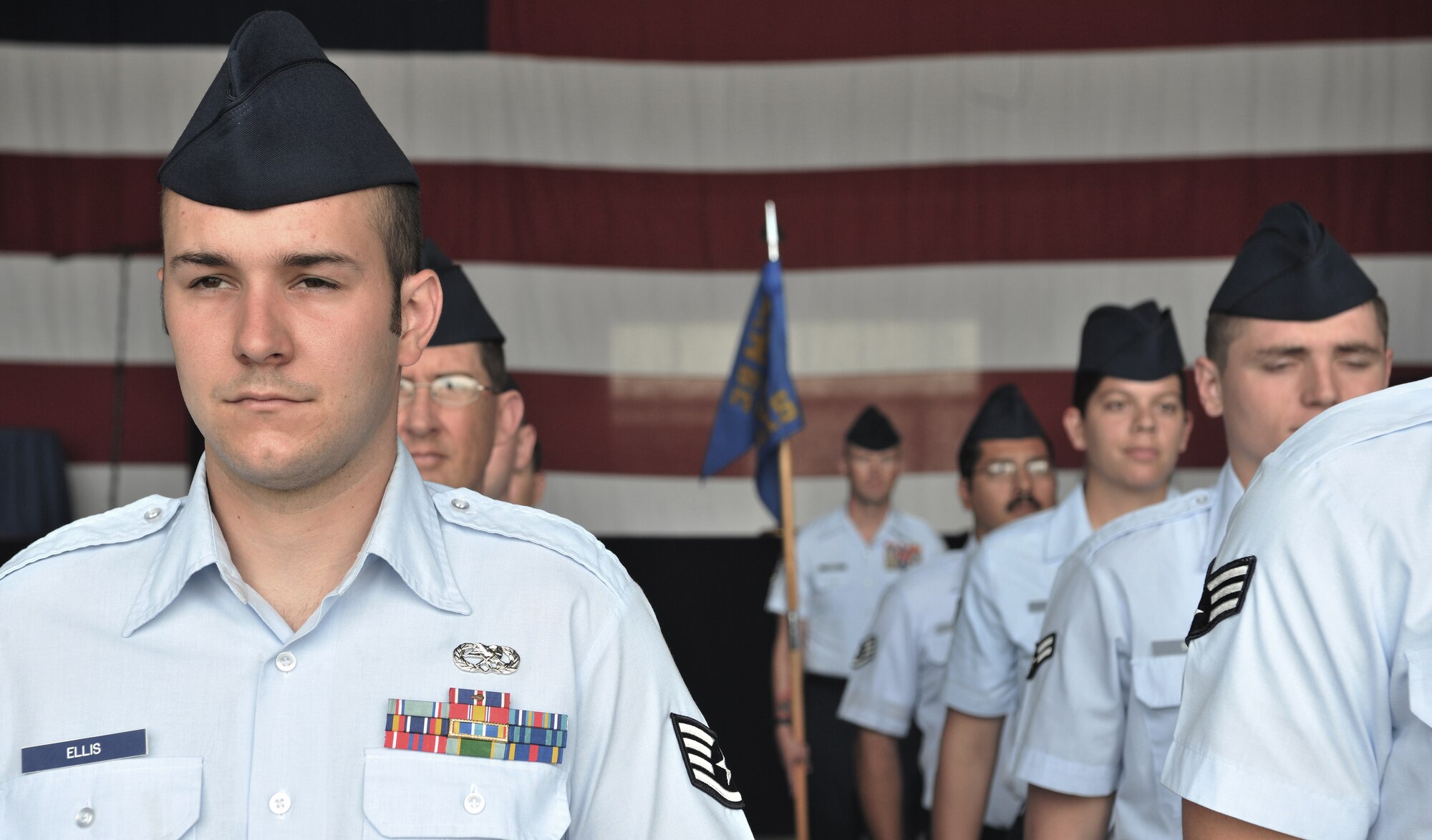 Staff Sgt. Shaun Ellis, 39th Maintenance Squadron, stands in formation with other maintenance Airmen during the 39th Maintenance Group’s inactivation ceremony June 14, 2011, at Incirlik Air Base, Turkey.  (U.S. Air Force photo by Staff Sgt. Alexandre Montes/Released)