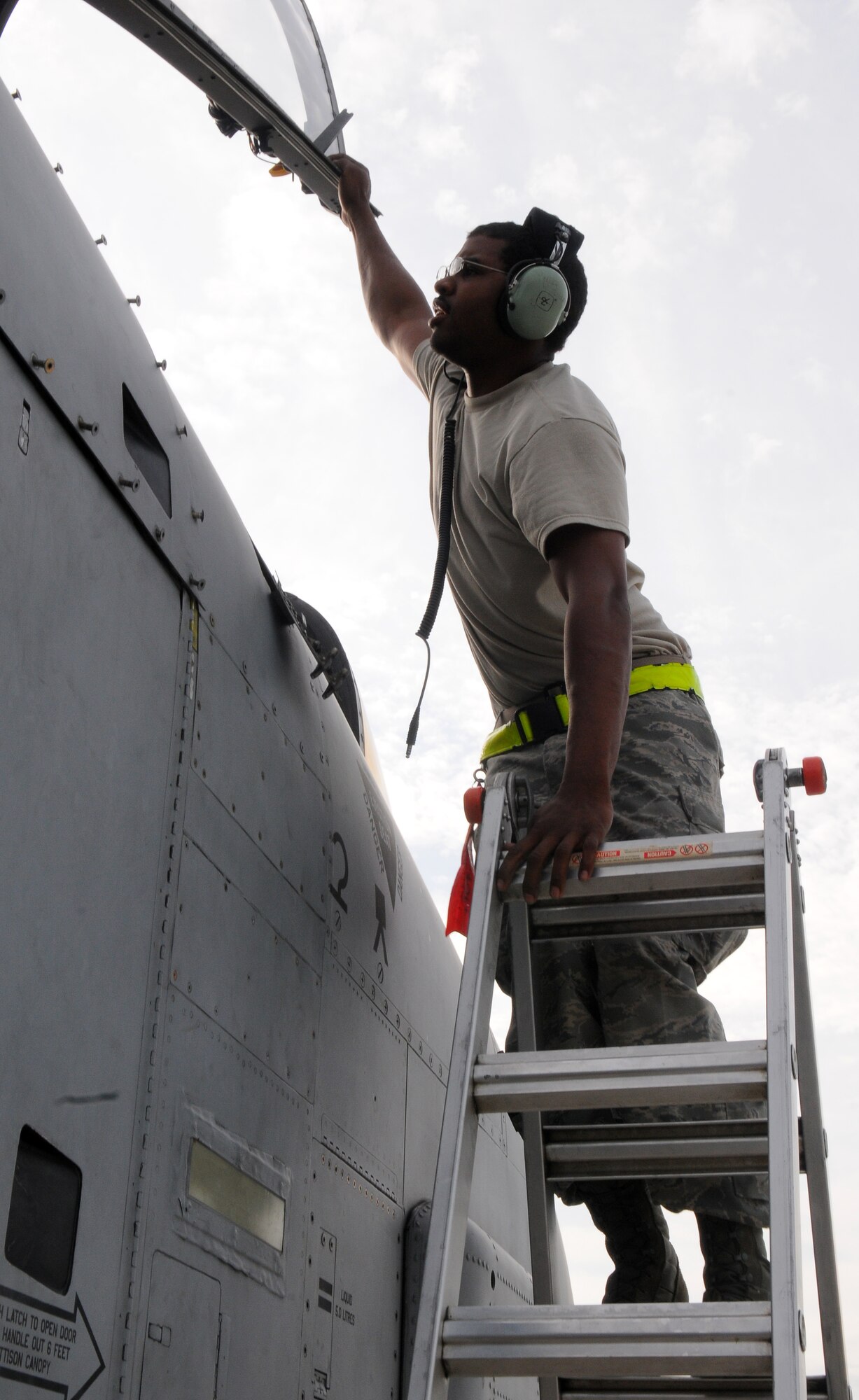 SPANGDAHLEM AIR BASE, Germany – Senior Airman William Jones, 52nd Aircraft Maintenance Squadron aircraft electrical environment systems journeyman, tests the function of an A-10 Thunderbolt II’s canopy here June 16. The 81st Aircraft Maintenance Unit maintain, service, inspect, launch and recover the A-10 Thunderbolt IIs flown by the 81st Fighter Squadron here. (U.S. Air Force photo/Airman 1st Class Dillon Davis)