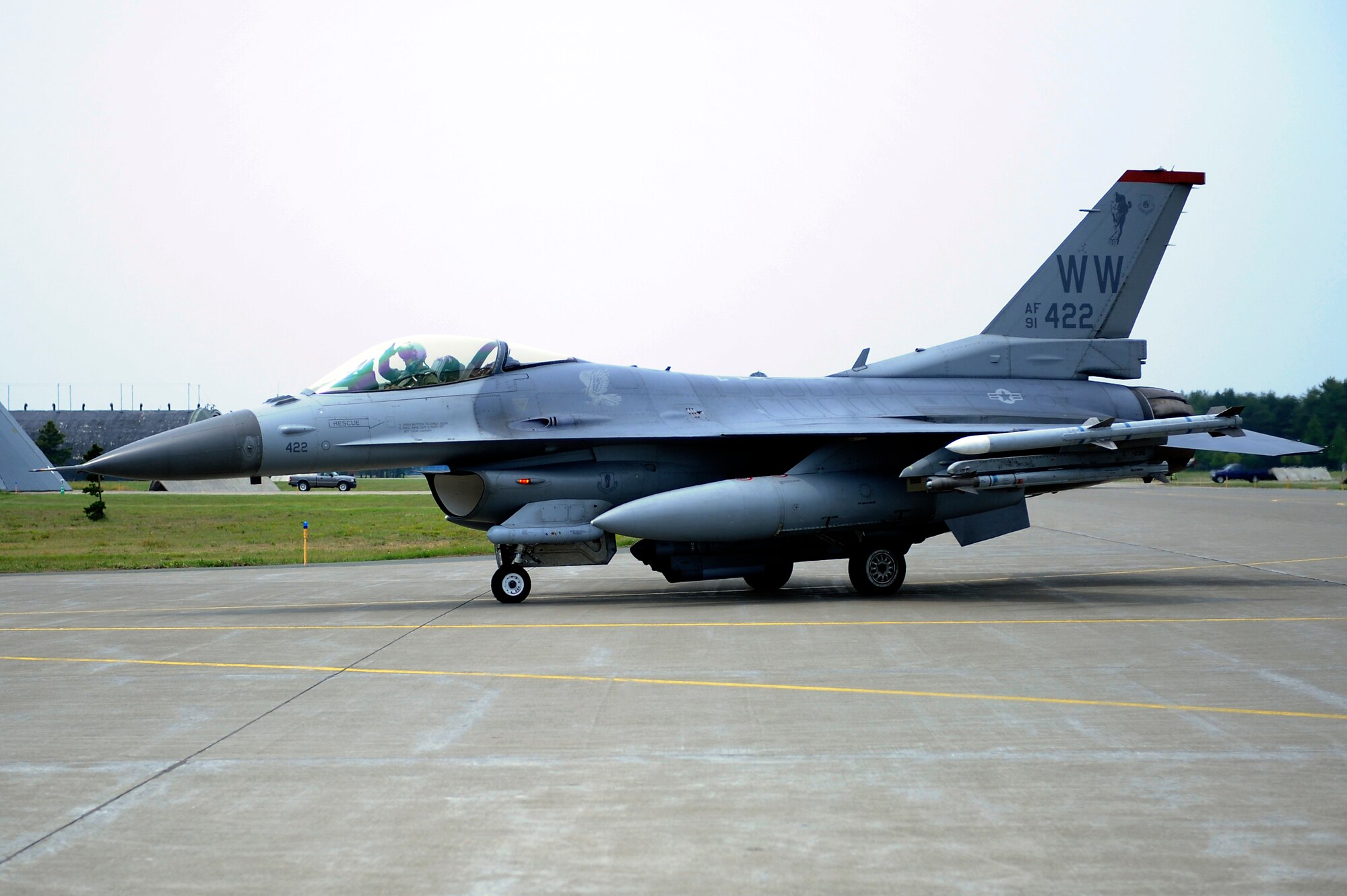 MISAWA AIR BASE, Japan -- An F-16 Fighting Falcon taxis to the runway during a training exercise June 22. The 35th Fighter Wing is engaged in a week-long exercise, simulating a variety of scenarios in a combat environment. (U.S. Air Force photo/Staff Sgt. Marie Brown/Released)

