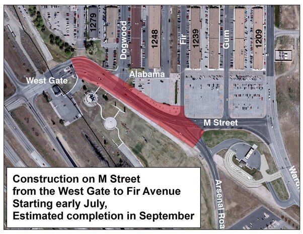 July 1 till Sep 1 -- Construction along M street from the West Gate through Fir may interrupt existing traffic patterns. Two lanes will remain open during peak hours, however a median and extra right turn lanes will not be available. Traffic patterns may change daily, so drivers should be alert to the possible changes. See figure  for the area affected.
