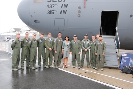 Twelve Airmen selected by their commanders to attend the Paris Air Show and
represent their command stand with South Carolina Gov.Nikki Haley June
20. The Paris Air Show is a world-renown air show that occurs every two
years and is attended by military and civilian aircraft from all over the
world.The Charleston C-17 team was greeted by numerous U.S. Congressmen and
women as well other foreign dignitaries. The C-17 will continue to be on
display to the public throughout the show until its end June 26. Pictured
from left to right are: Capt. Bryon Webb, Staff Sgt. Scott Skinner, Capt.
Andrew Marino, Staff Sgt. Tyrell Haney, Capt. John Baker, Lt. Col. Chad Rauls, Gov. Nikki Haley, Staff Sgt. Jose Botello, Staff Sgt. Benjamin Gates, 1st Lt. Austin McCann,
Capt. Christopher Carlson, Capt. Brandon Brown (U.S. Air Force photo/Staff
Sgt. Tony Johnson)
