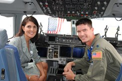 South Carolina Gov. Nikki Haley was recently at the Le Bourget airport near Paris attending the Paris Air Show with other South Carolina leaders and had the opportunity to meet with members of the 437th Maintenance and Operations Groups that flew a Joint Base Charleston C-17 Globemaster III to France to participate in the air show. Pictured with the governor, June 20, 2011, is Lt. Col. Chad Rauls, 15th Airlift Squadron director of operations. (U.S. Air Force Photo)