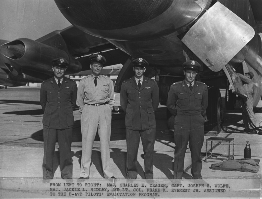B-47B Pilots’ Evaluation Program: From left to right, Maj. Charles E. "Chuck" Yeager, Capt. Joseph E. Wolfe, Maj. Jackie L. Ridley, and Lt. Col Frank. K. "Pete" Everest, Jr. (Air Force photo)