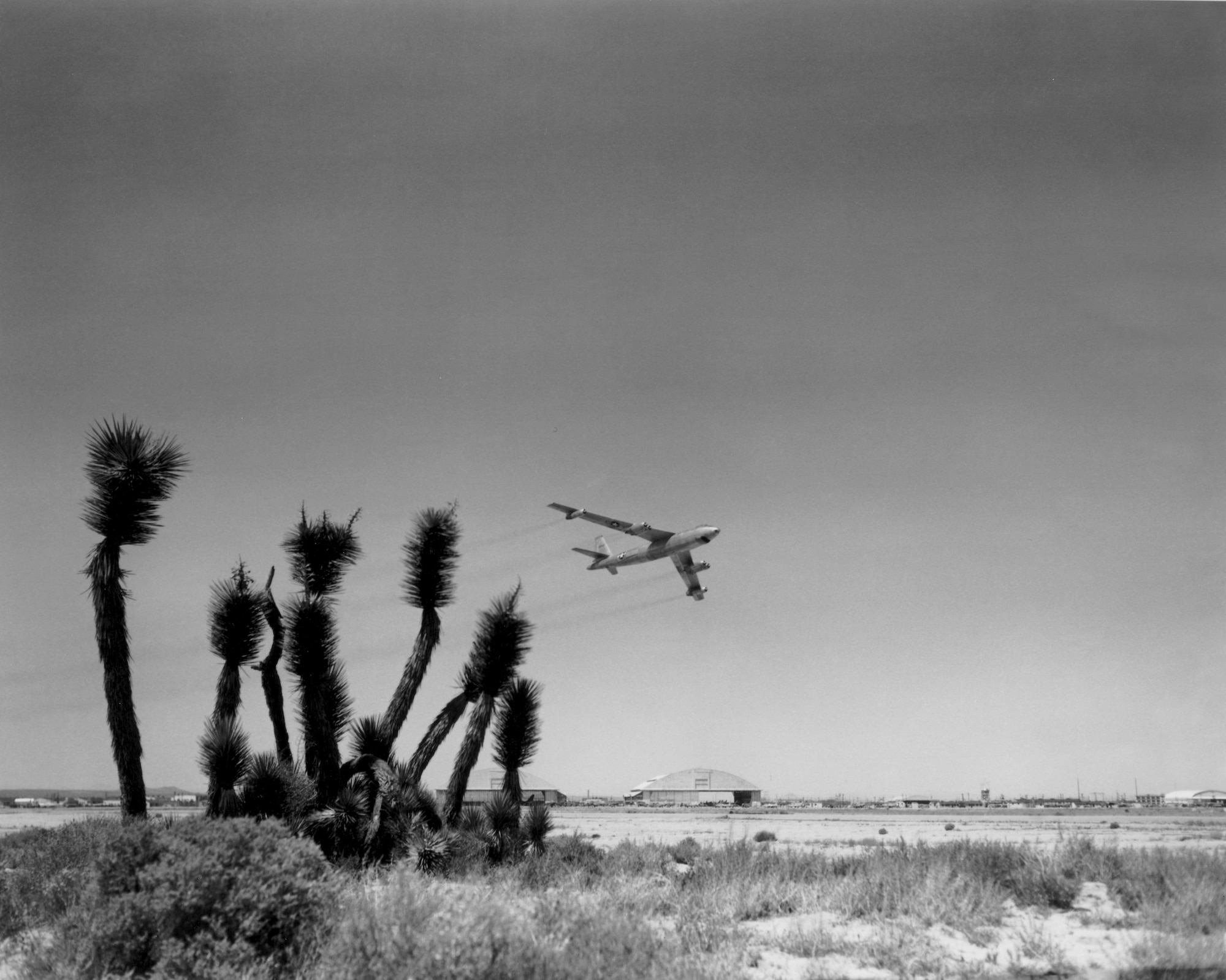 The B-47 Stratojet, the first swept-wing jet bomber built in quantity for the Air Force, taking off from Edwards. (Air Force photo)