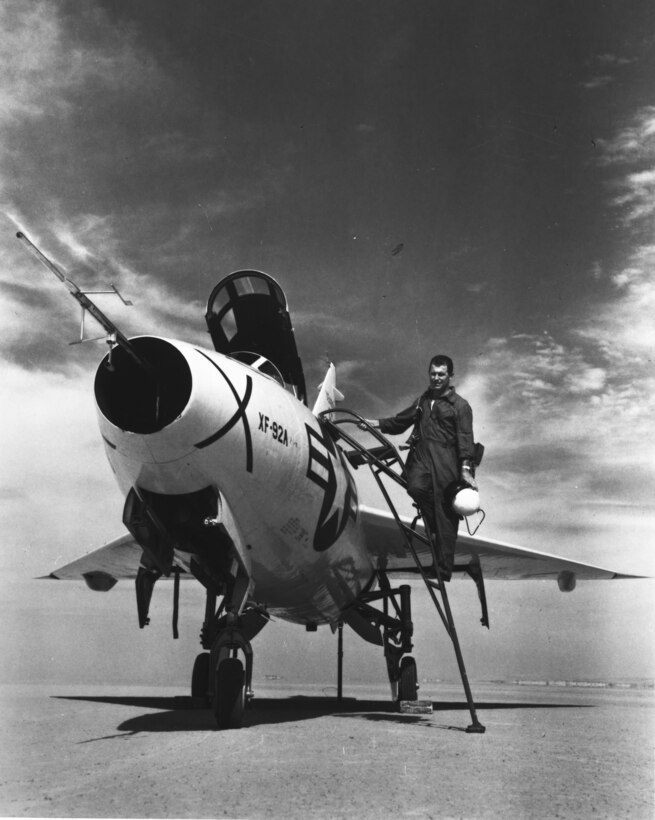 Maj. Chuck Yeager and the delta-wing Convair XF-92A. As an experimental test pilot, Major Yeager flew up to 50 hours per month in 37 different aircraft types and models in 1951. (Air Force photo)