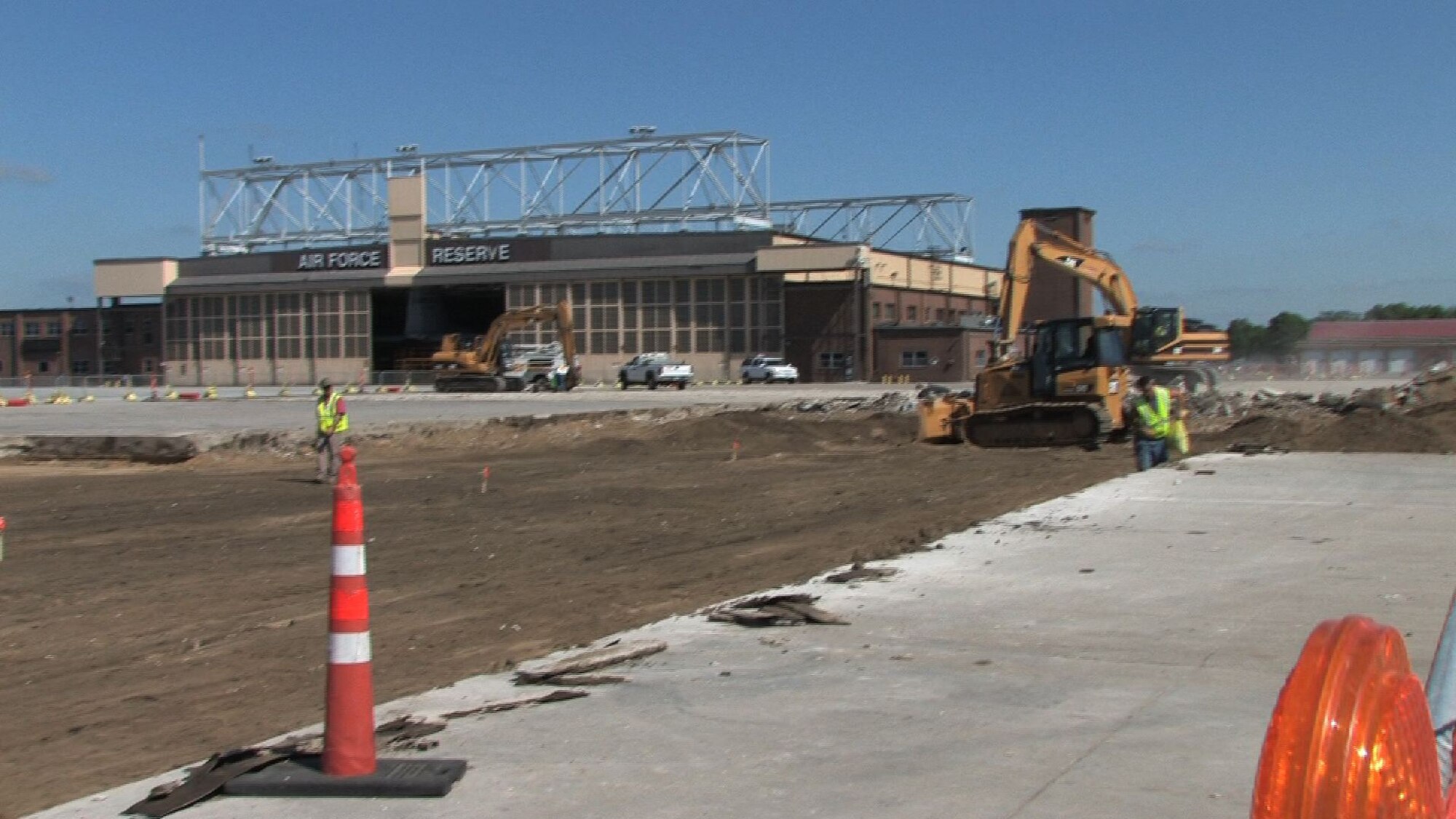 Work on the 934th flightline apron continues with an expected completion date of Sept. 19. The reconstruction project, now in it's fourth year, is expected to continue for 4-5 more years replacing concrete that is more than 60 years old. (Air Force Photo/Wendy Cormier)