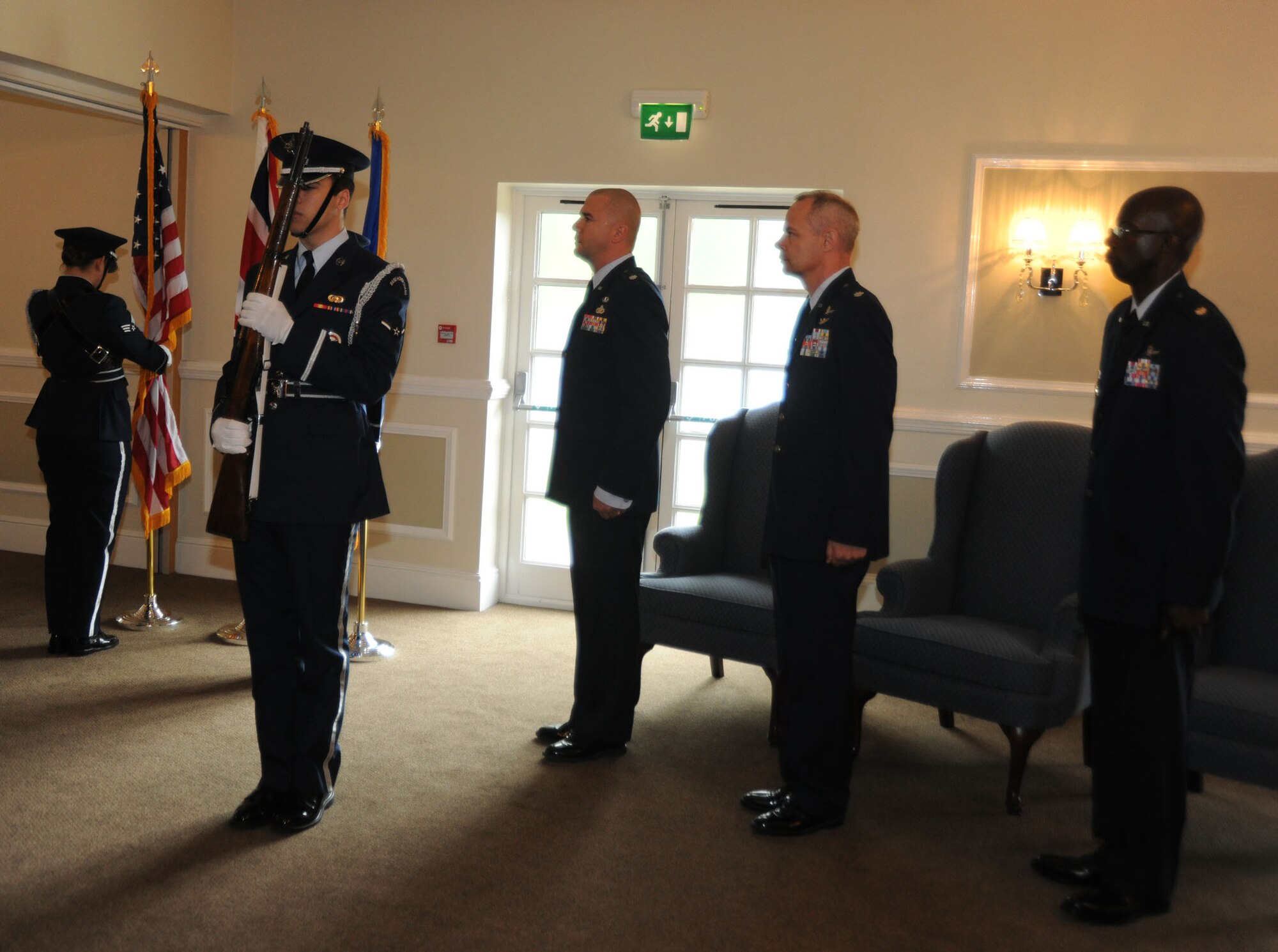 The Tribase Honor Guard posts the colors during the 423rd Communication Squadron change of command at RAF Alconbury June 22. The honor guard for the event was comprised solely of 423 rd CS members.