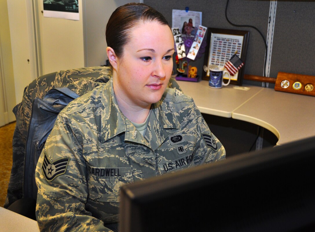 Staff Sgt. Roxanne Cardwell, NCOIC of customer service in the 419th Force Support Squadron, spends her days issuing ID cards, updating awards and decorations, and helping Airmen in the newcomer’s flight. She has worked in many areas of the 419th FSS, so she is often considered the “go-to” person around the office. (U.S. Air Force photo/Airman 1st Class Crystal Charriere)