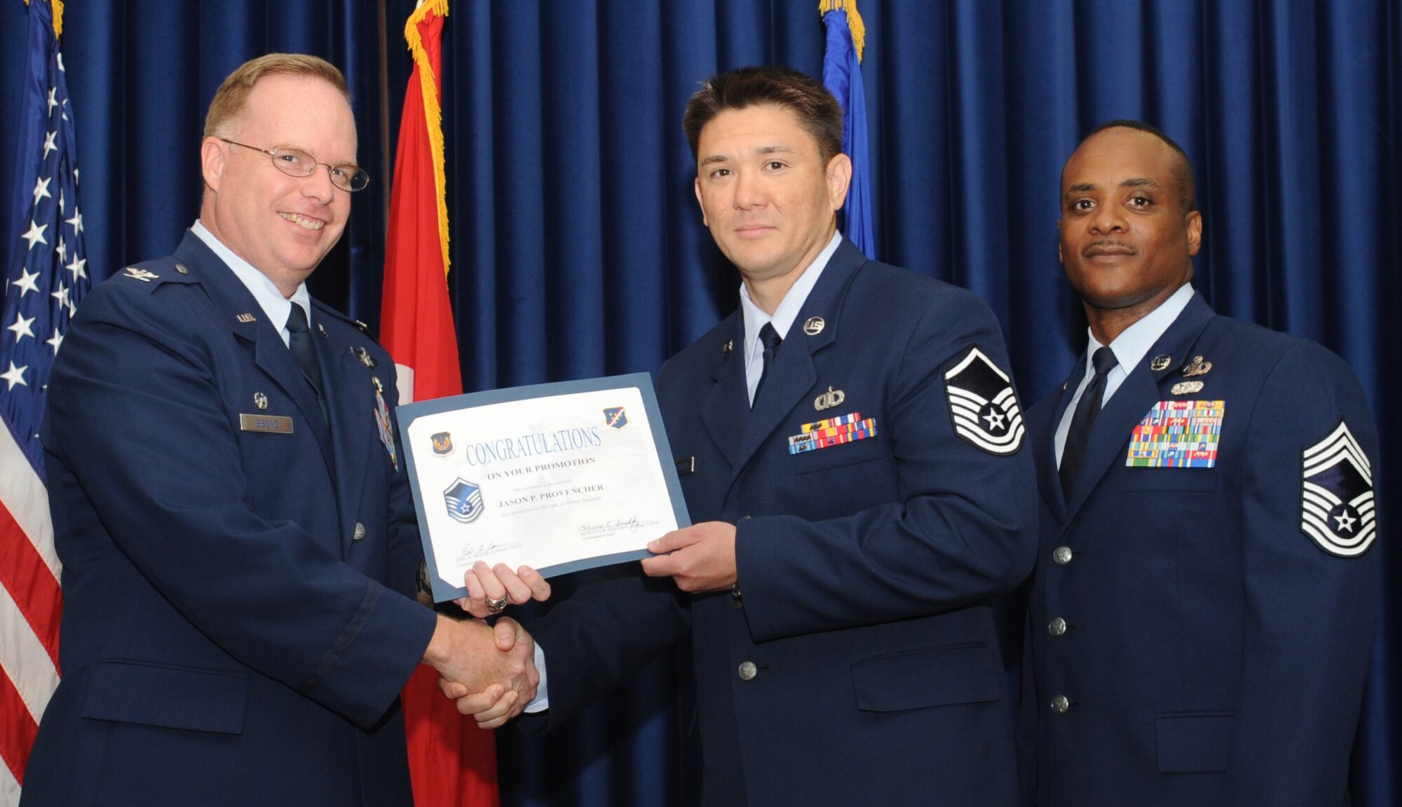 Jason Provencher, 39th Operations Squadron, is promoted to the rank of master sergeant May 31, 2011 at the Club Complex Ballroom. (U.S. Air Force Photo by Airman 1st Class Clayton Lenhardt/Released)