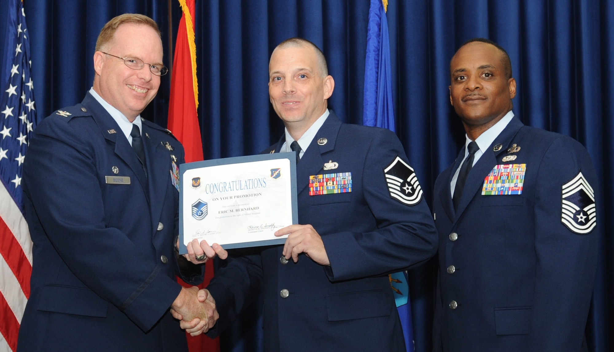 Eric Bernhard, 39th Air Base Wing, is promoted to the rank of master sergeant May 31, 2011 at the Club Complex Ballroom. (U.S. Air Force Photo by Airman 1st Class Clayton Lenhardt/Released)
