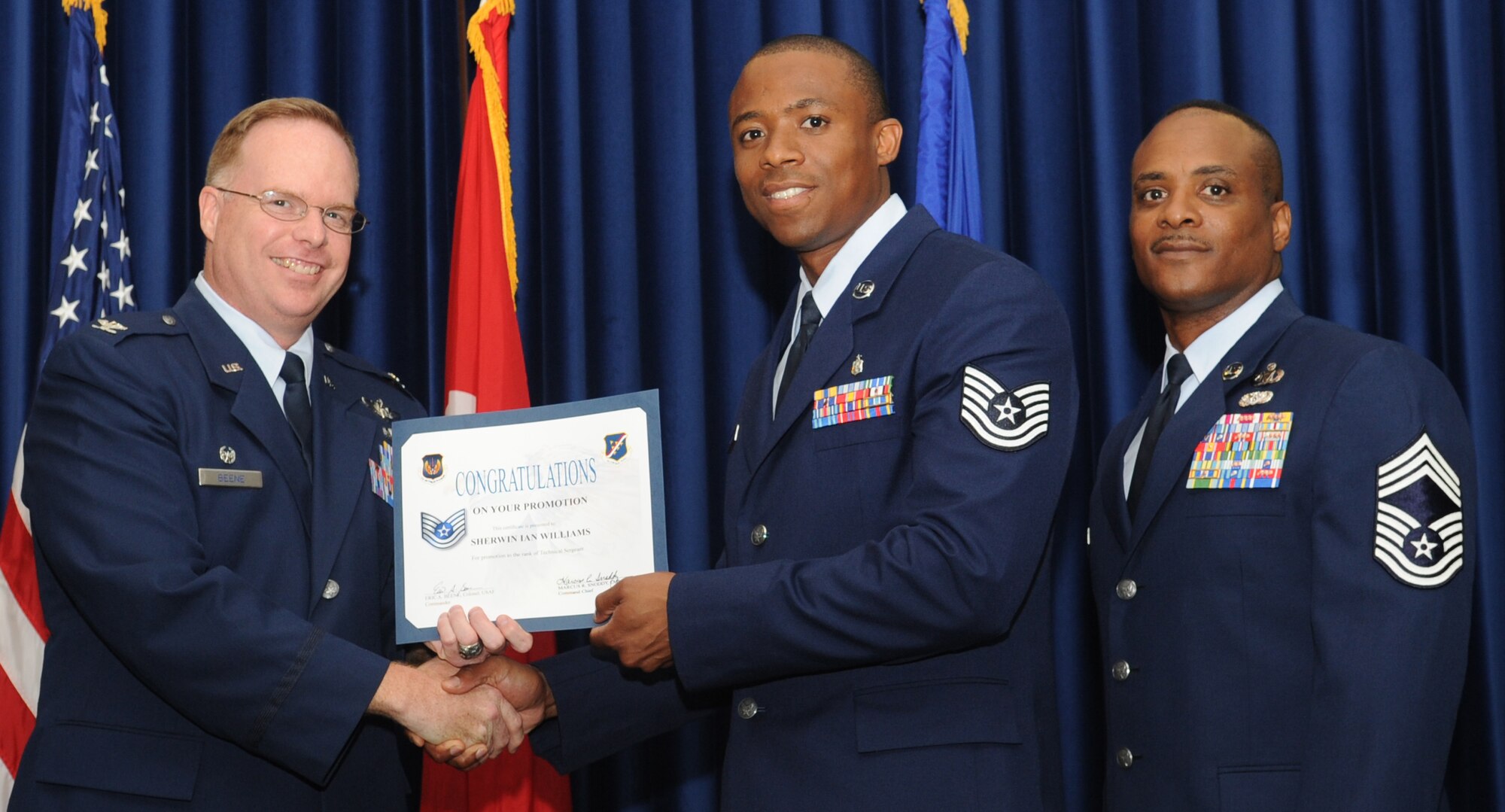 Sherwin Williams, 39th Medical Operations Squadron, is promoted to the rank of technical sergeant May 31, 2011 at the Club Complex Ballroom. (U.S. Air Force Photo by Airman 1st Class Clayton Lenhardt/Released)