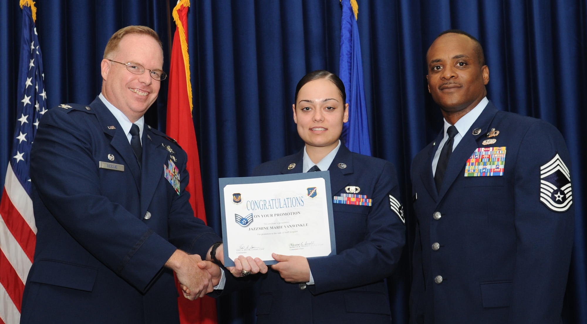 Jazzmine Van Winkle, 39th Air Base Wing, is promoted to the rank of staff sergeant May 31, 2011 at the Club Complex Ballroom. (U.S. Air Force photo by Airman 1st Class Clayton Lenhardt/Released)