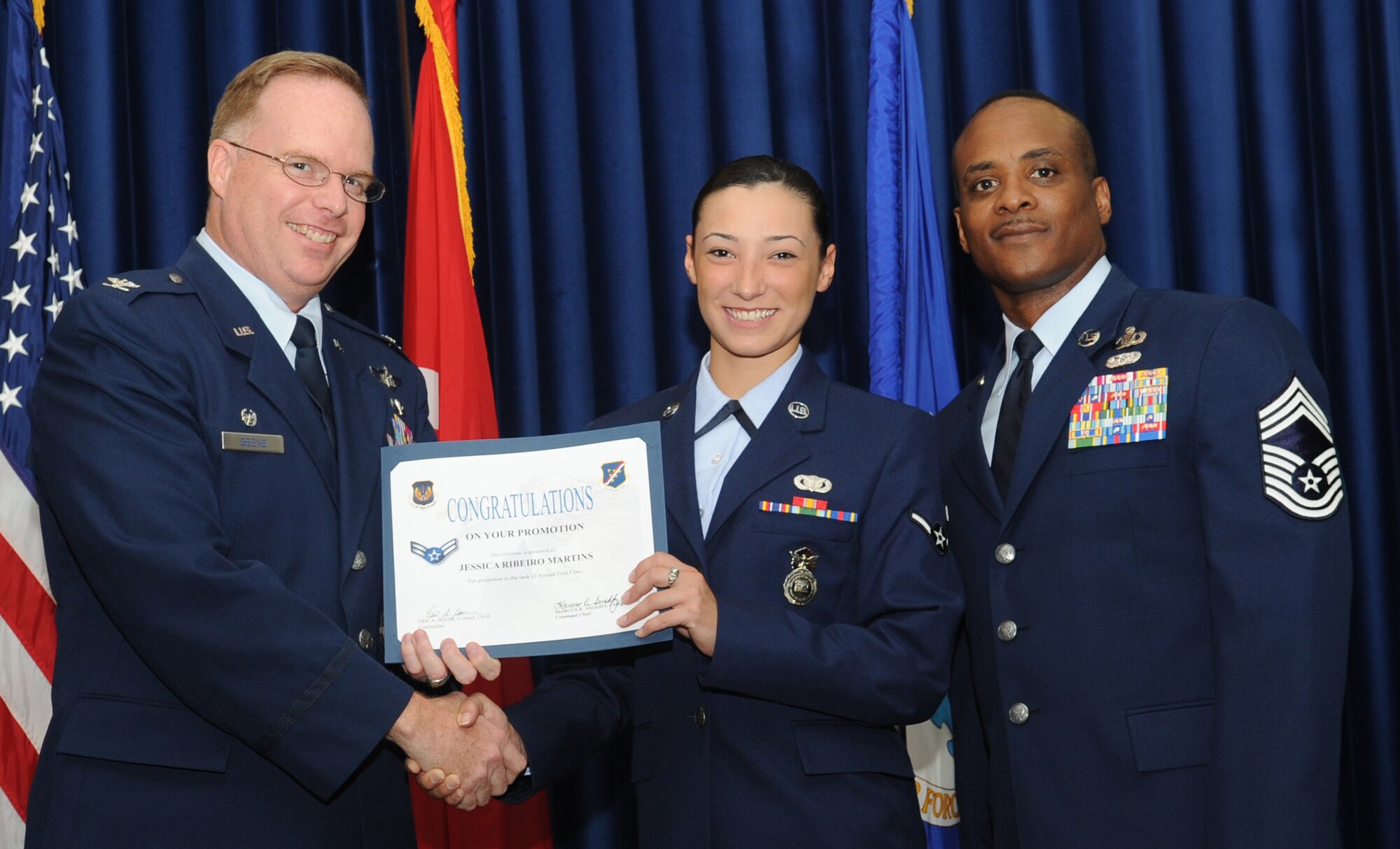 Jessica Martins, 39th Security Forces Squadron, is promoted to the rank of airman first class May 31, 2011 at the Club Complex Ballroom. (U.S. Air Force photo by Airman 1st Class Clayton Lenhardt/Released)