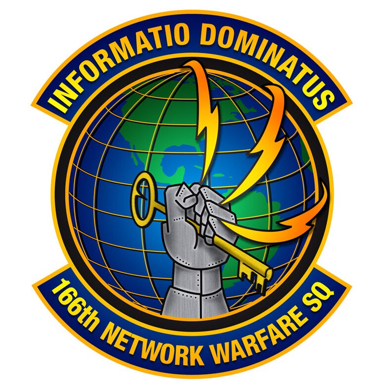 166th Network Warfare Squadron, Delaware Air National Guard. In accordance with Chapter 3 of AFI 84-105, commercial reproduction of this emblem is NOT permitted without the permission of the proponent organizational/unit commander.