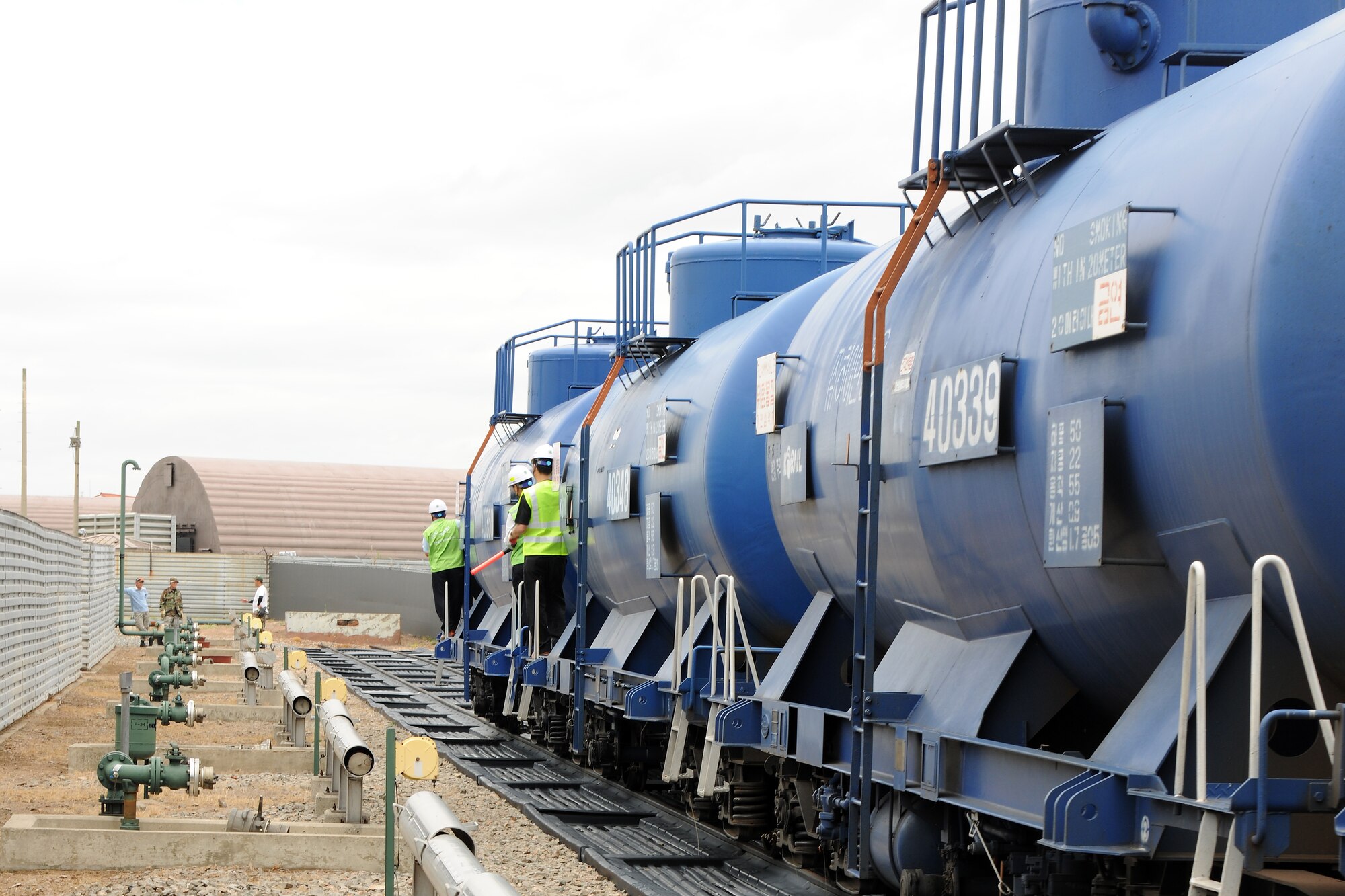 KUNSAN AIR BASE, Republic of Korea -- A KORAIL train carrying jet fuel arrives here June 22. This was the first train to enter base using the storage rail system in more than a decade. (U.S. Air Force photo/Senior Airman Ciara Wymbs)