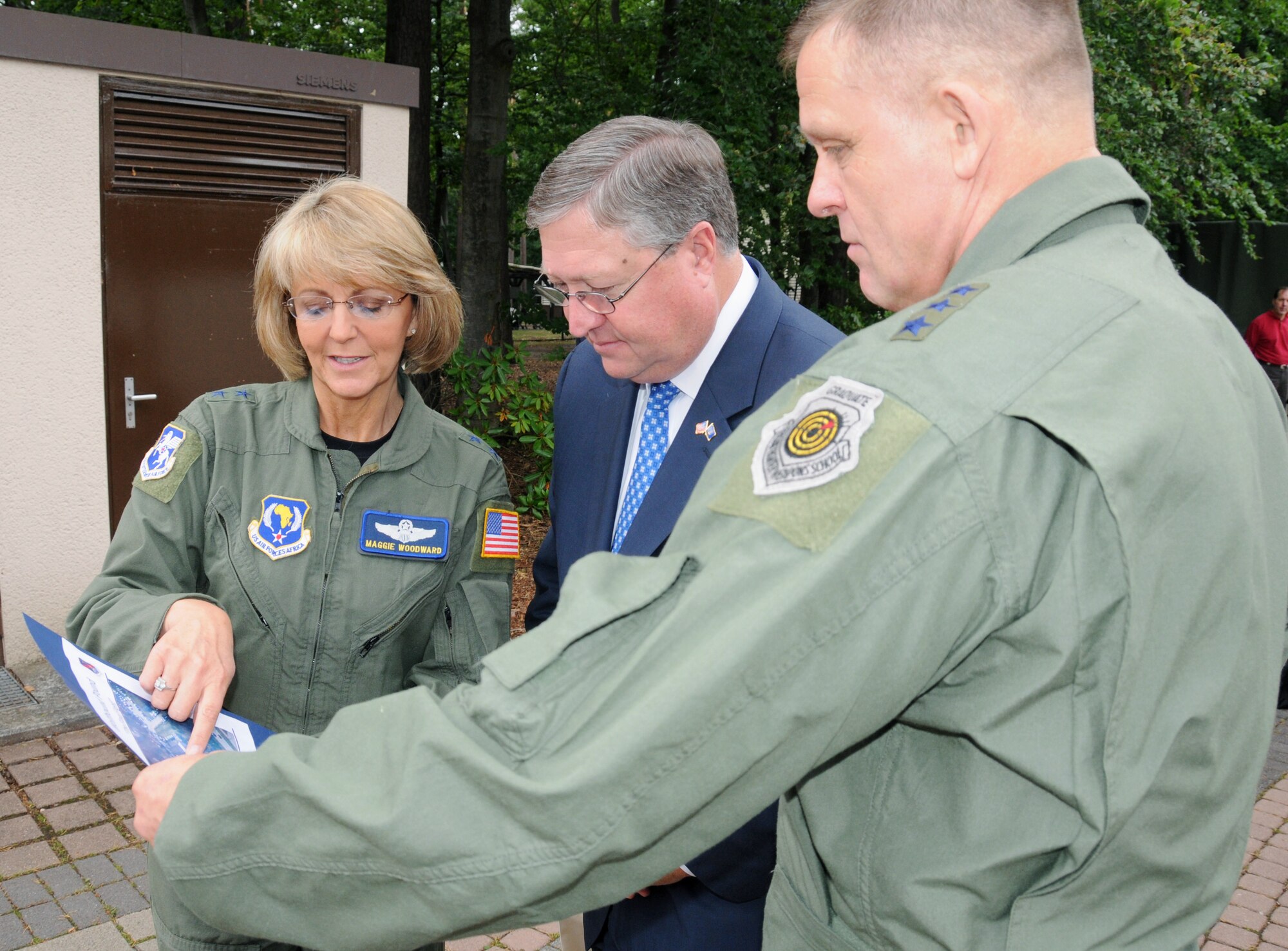 Seventeenth Air Force Commander Maj. Gen. Margaret Woodward and 3rd Air
Force Commander Lt. Gen. Frank Gorenc brief Secretary of the Air Force
Michael Donley during his visit to Ramstein Air Base, Germany, June 18,
2011, about 603rd Air and Space Operations Center efforts during Operation
ODYSSEY DAWN.  The 603rd AOC served as the main hub for air operations and
hosted a combined operation which included the 617th and 603rd AOCs along
with 13 coalition partners during the Libyan missions. (U.S. Air Force
photo by Master Sgt. Jim Fisher)
