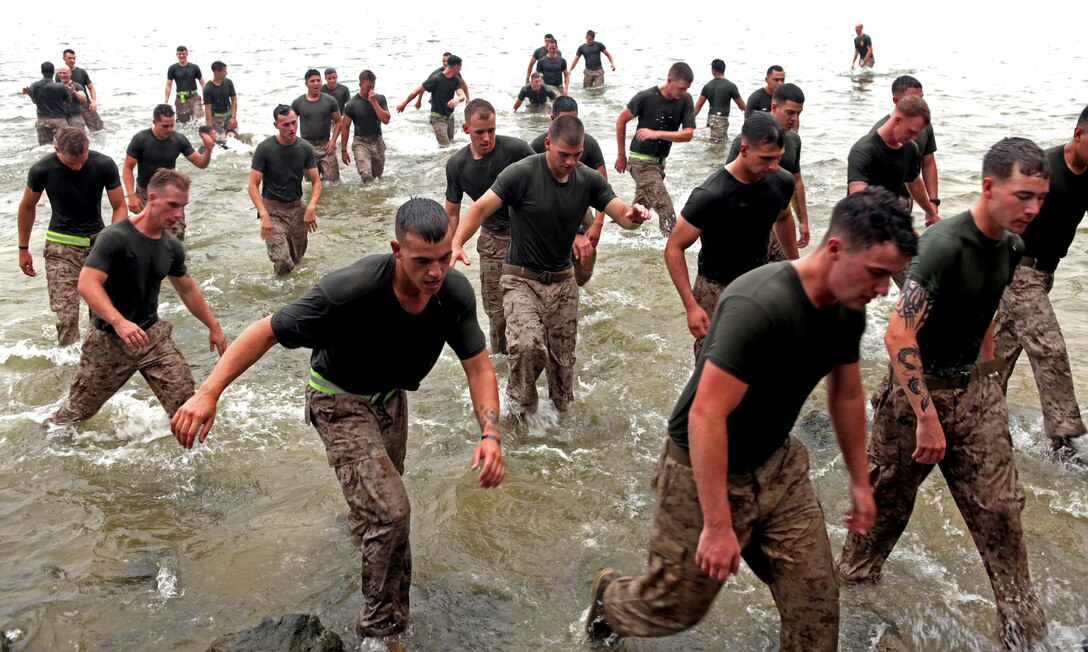 A K-9 dog handler high-five’s campers after a demonstration of the Combat Center’s military working dogs during Operation Purple June 23, 2011.::r::::n::