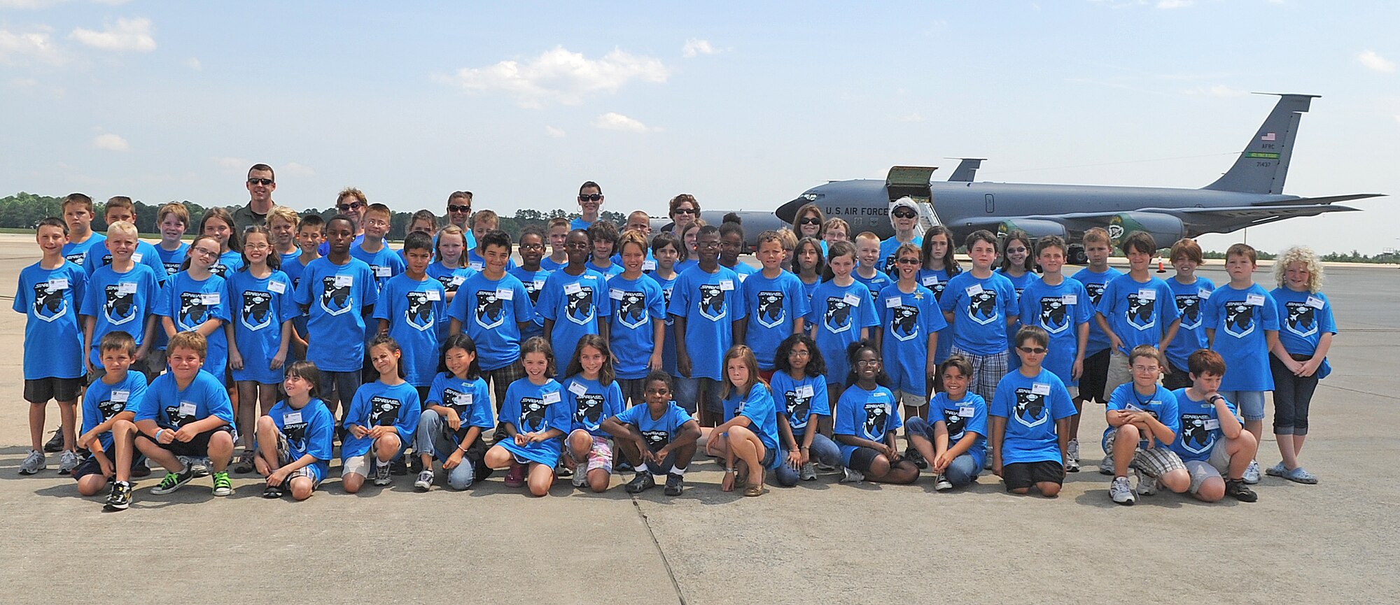 SEYMOUR JOHNSON AIR FORCE BASE, N.C. – Local area students celebrate the 20th anniversary of the Seymour Johnson Science and Technology Academies Reinforcing Basic Aviation and Space Exploration program (STARBASE) here June 20, 2011.  STARBASE is a week of education filled with classroom and hands-on activities for fifth graders. Students visit the base to enhance their knowledge on topics ranging from aviation to the laws of motion.  (U.S. Air Force photo/Senior Airman Gino Reyes)