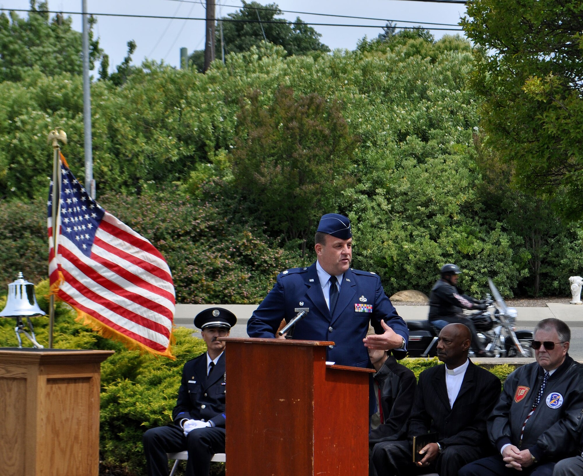 TRAVIS AIR FORCE BASE, Calif. -- Lt. Col. Siegfried Richert, 945th Aircraft Maintenance Squadron commander, delivered the keynote address at the Vacaville/Elmira Cemetery,May 30. (U.S. Air Force photo/Senior Master Sgt. Ellen L. Hatfield)