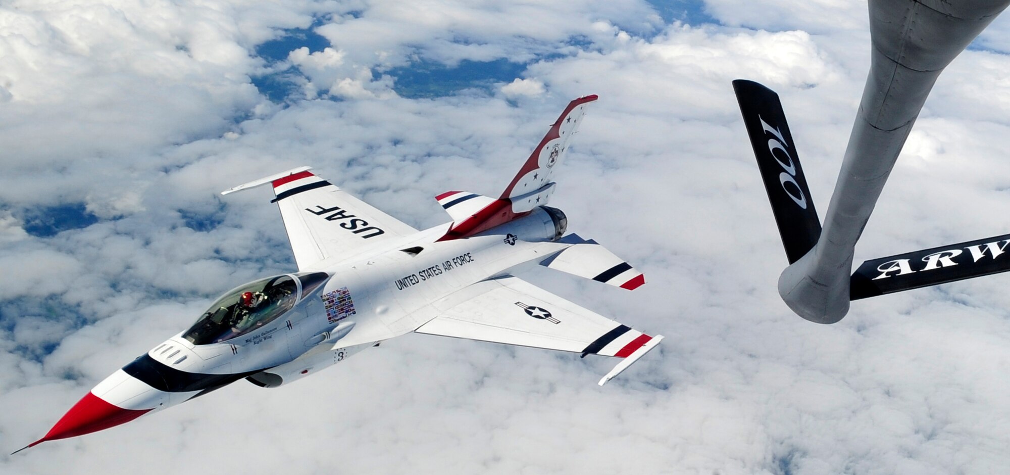 LATVIA, Northern Europe – One of the U.S Air Force Thunderbirds, a F-16 Fighting Falcon, pulls away from a 100th Air Refueling Wing KC-135 Stratotanker after being refueled June 22, 2011. The Thunderbirds were refueled three times during their air show performance in Latvia. (U.S. Air Force photo/Senior Airman Ethan Morgan)