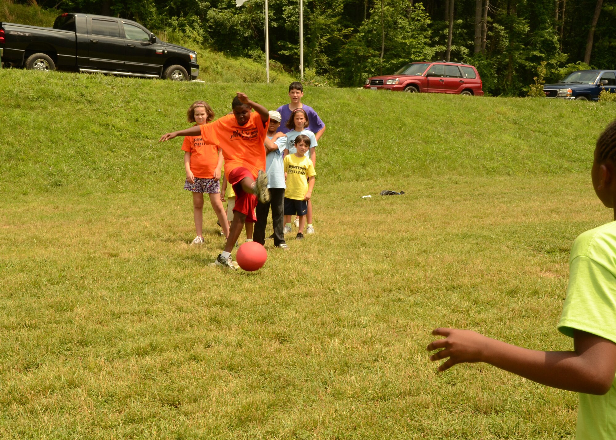 The campers at the Homefront Challenge Camp participate in a kickball game during the morning hours of June 21.  The Homefront Challenge Camp is a week-long camp for children who have parents or guardians serving in the Maryland Army or Air Force National Guard.   The campers have the opportunity to participate in many different activities including flag football, kickball and archery. The Homefront Challenge Camp took place over the week of June 20-24 at Rock State Park in Jarrettsville, Maryland.