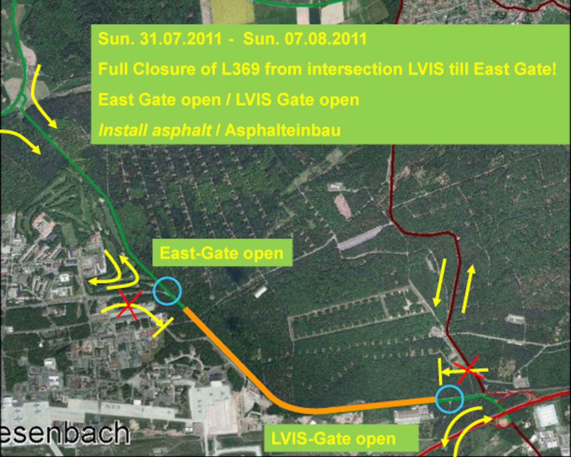 Sunday, July 31-Aug. 7, Full closure of L369 from intersection LVIS until East Gate! The East Gate and LVIS will remain open.