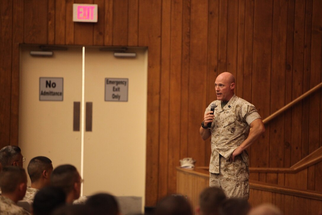 MARINE CORPS BASE CAMP LEJEUNE, N.C. - Sgt. Maj. Micheal P. Barrett, the 17th sergeant major of the Marine Corps, talks to Marines and corpsmen during his first visit to Marine Corps Base Camp Lejeune at the Base Theater, June 24. During the visit, Barrett addressed several issues raised by Marines and also spent some time with Marines from Wounded Warrior Battalion-East.