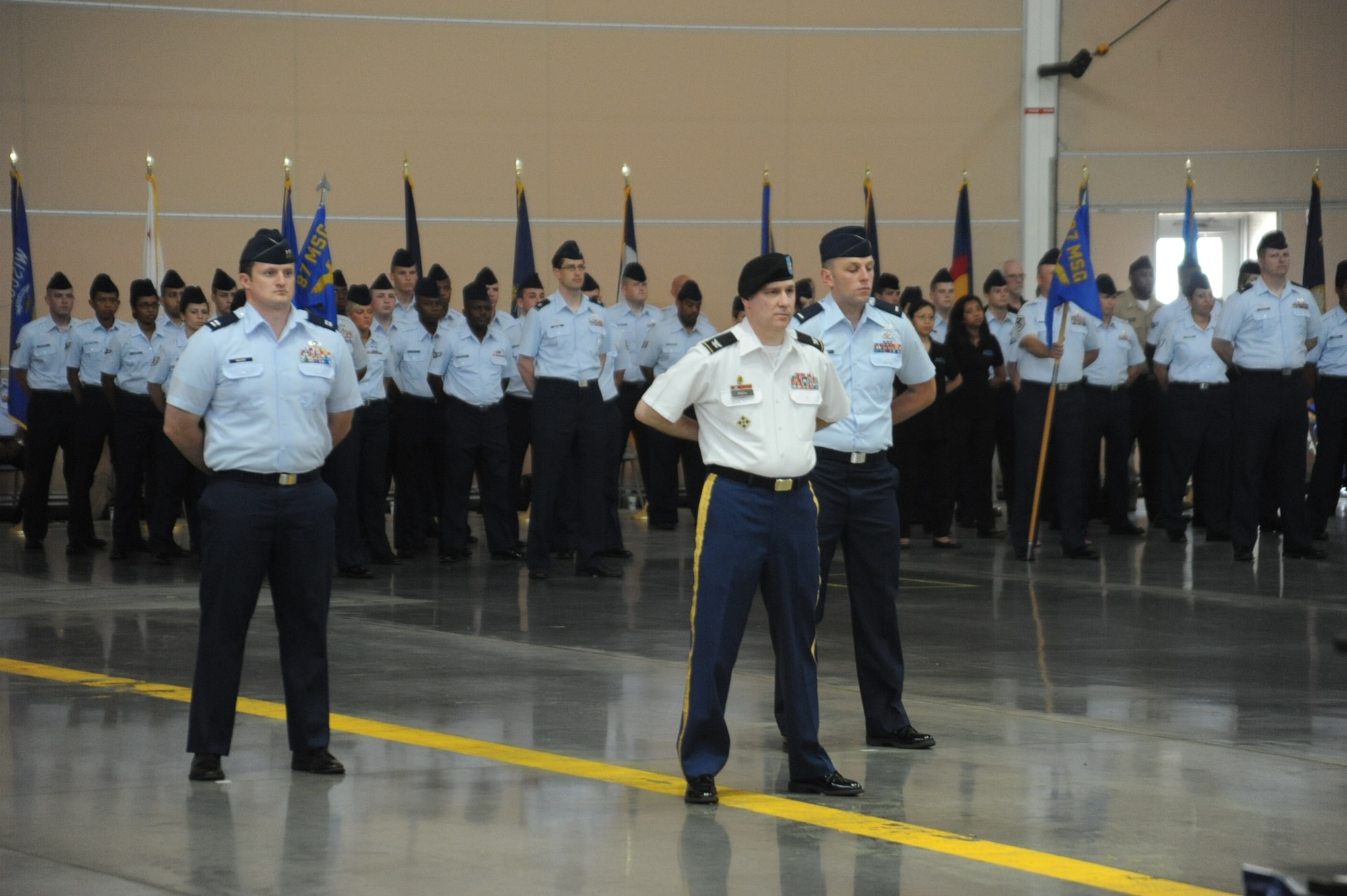 Col. Joe Poth, Joint Base McGuire-Dix-Lakehurst deputy commander, served as commander of troops during the first change of command ceremony for the installation June 24 in Hangar 2201. (U.S. Air Force photo by 2nd Lt. David J. Murphy/released)