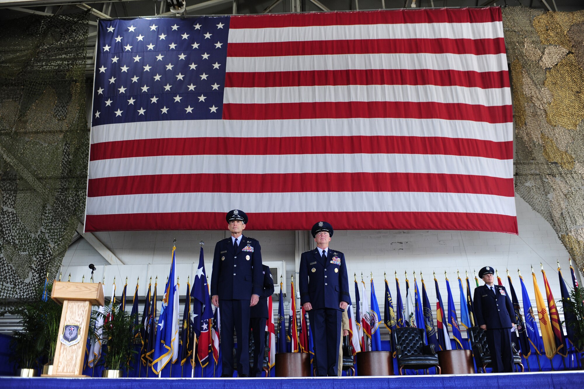 U.S. Air Force Chief of Staff Gen. Norton Schwartz and Lt. Gen. Donald Wurster, the commander Air Force Special Operations Command, stand for the citation reading of General Wurster?s Distinguished Service Medal during the AFSOC change of command ceremony, Hurlburt Field, Fla., June 24, 2011. The medal was awarded to General Wurster for his excellence, selflessness and dedication to Air Commandos during his five and half years at AFSOC.  (U.S. Air Force photo by Staff Sgt. Julianne M. Showalter/Released)