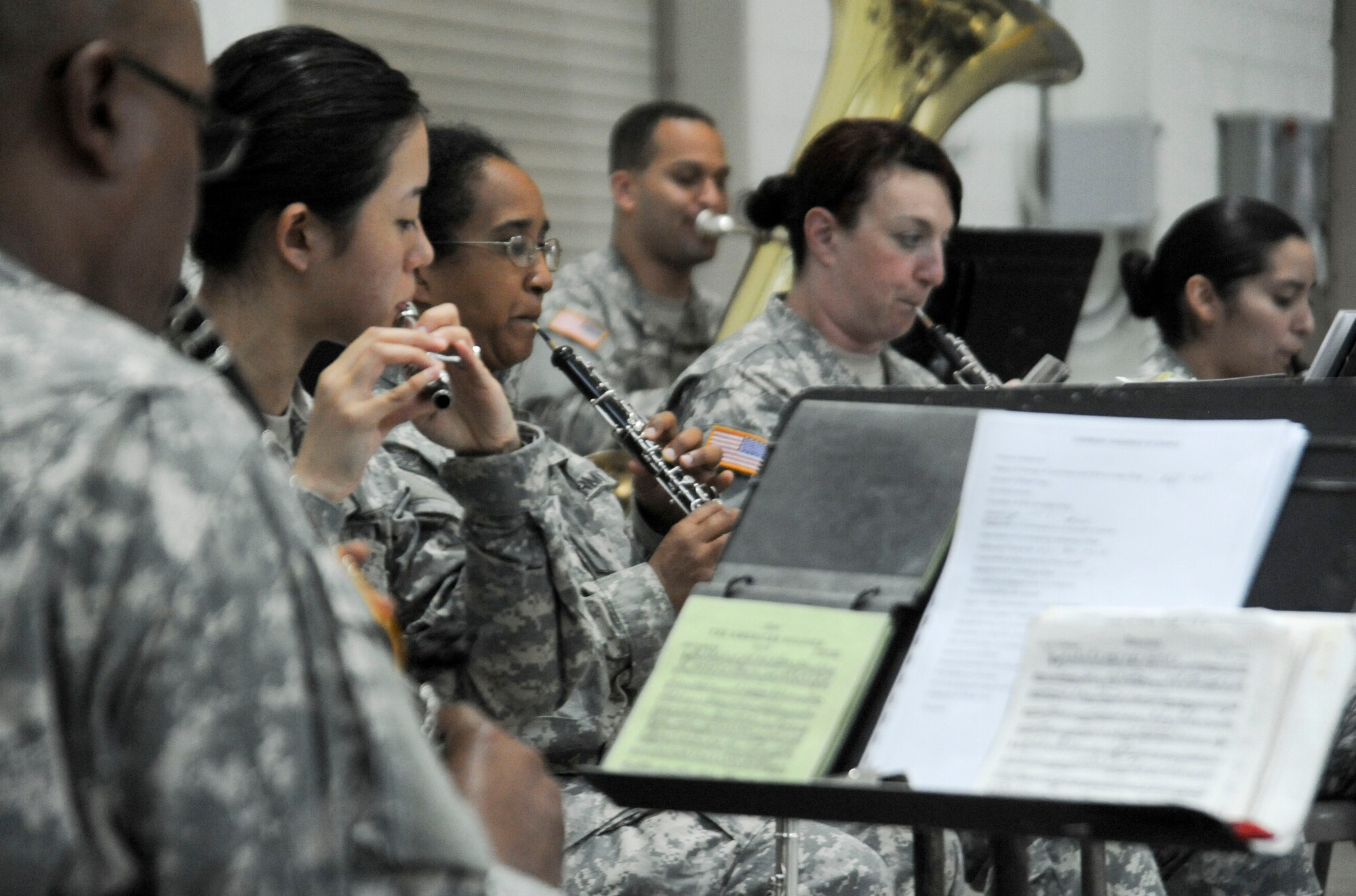The 78th Army Band plays during the 87th Air Base Wing Change of Command Ceremony on June 24, 2011 in Hangar 2201 at Joint Base McGuire-Dix-Lakehurst, N.J. During the event Brig. Gen. Gina M. Grosso relinquished command to Col. John M. Wood. 

(U.S. Air Force  photo by 2nd Lt. David J. Murphy/Released)