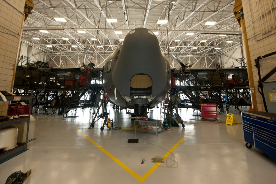 An HC-130P Combat King sits in a hangar before a 550-day inspection at Moody Air Force Base, Ga., June 20, 2011. Every aircraft has a certain time limit before it has to be inspected and the C-130 undergoes a full inspection every 550 days. (U.S. Air Force photo by Airman 1st Class Joshua Green/Released)