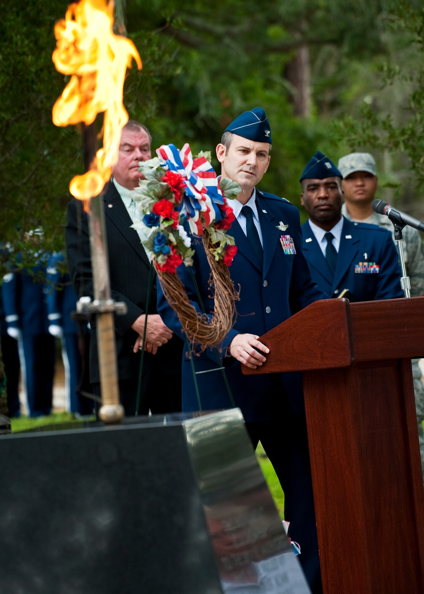 Col. Andrew Toth, 33rd Fighter Wing commander, addresses the families of the victims of the tragedy of Khobar Towers bombing June 24 at Eglin Air Force Base, Fla.  June 25 marks the 15th anniversary of the tragic bombing that killed 19 service members including 12 33rd FW Airmen.  Each year, a ceremony is held by the Nomads to commemorate their brothers who’ve “ceased their wandering.”  (U.S. Air Force photo/Samuel King Jr.)