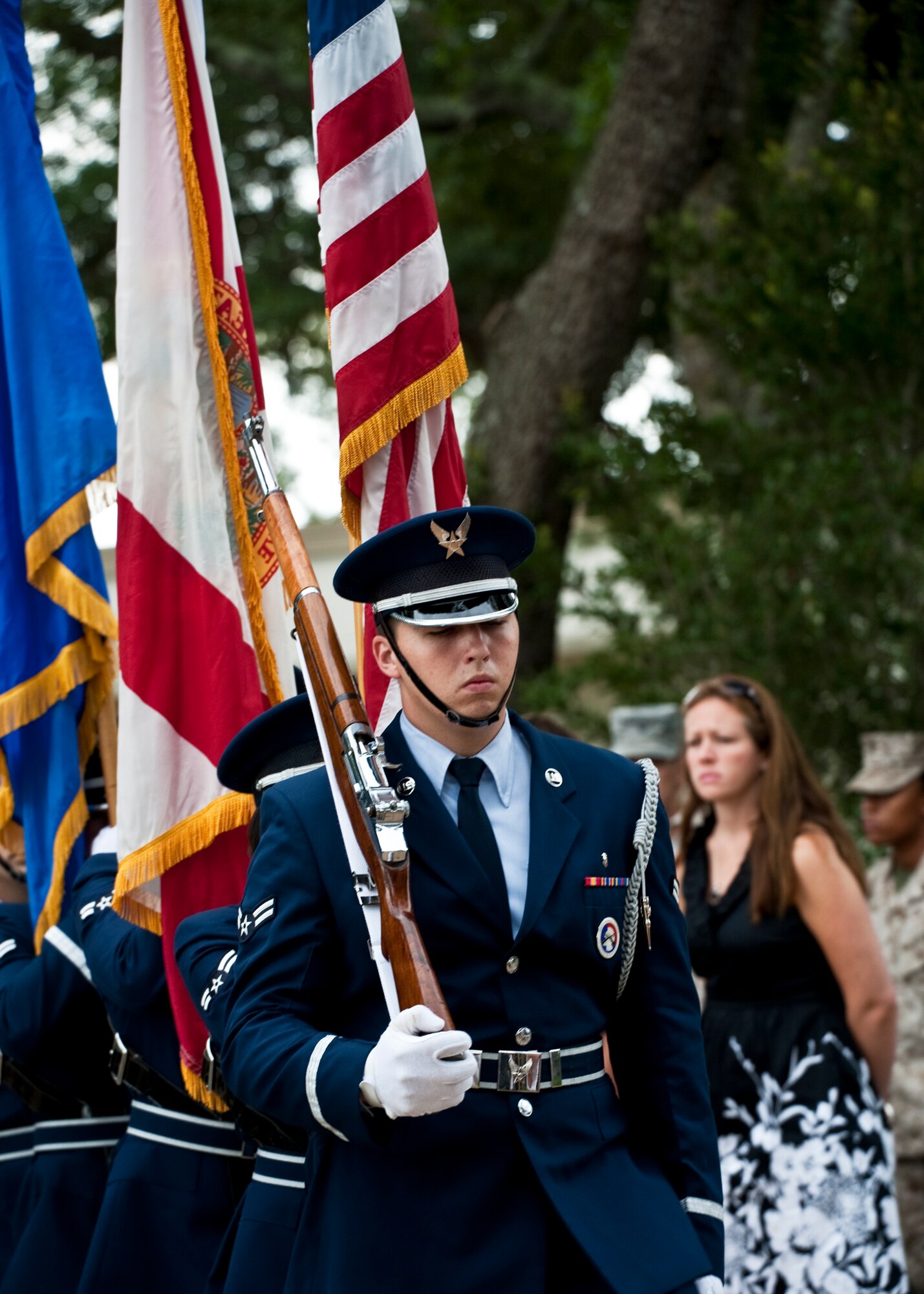 Eglin Air Force Base honor guard bring in the colors during the Khobar Towers Memorial ceremony June 24.  June 25 marks the 15th anniversary of the tragic bombing that killed 19 service members including 12 33rd FW Airmen.  Each year, a ceremony is held by the Nomads to commemorate their brothers who’ve “ceased their wandering.”  (U.S. Air Force photo/Samuel King Jr.)