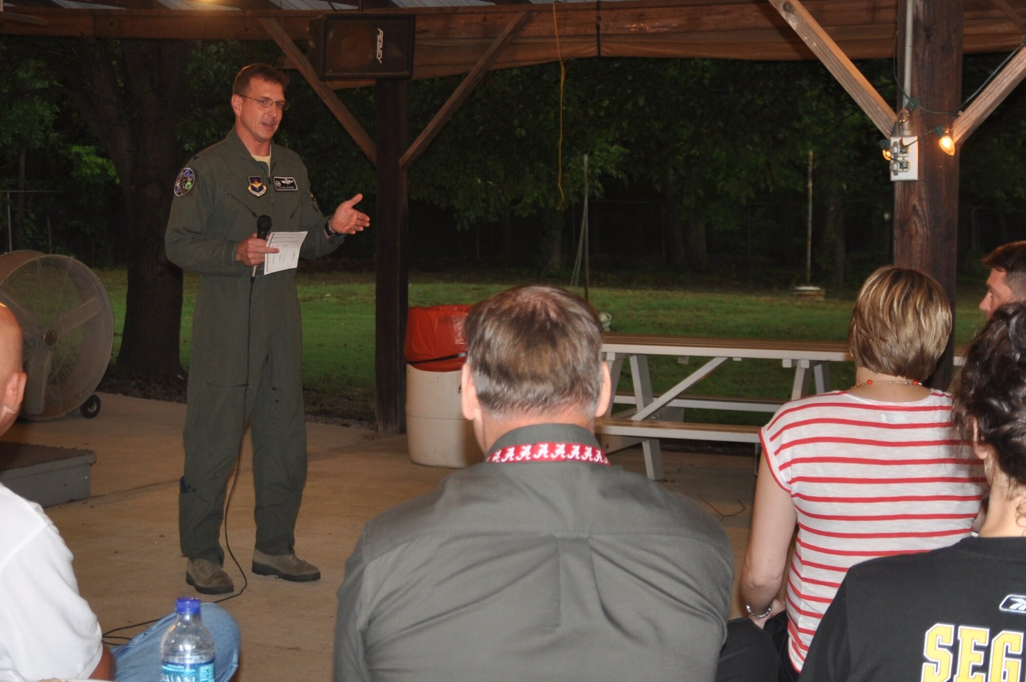 Col. Steve Stater, 14th Operations Group Commander, speaks during Specialized Undergraduate Pilot Training Class 12-10’s pilot partner welcome at the pavilion outside 4-County Electric. (U.S. Air Force photo/1st Lt. Sara Greco)