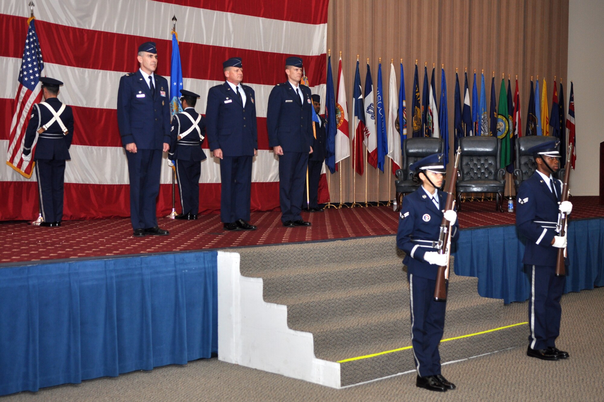 Members of the Barksdale Air Force Base Honor Guard post the colors during the 11th Bomb Squadron Change of Command ceremony at Hoban Hall on Barksdale AFB, June 23, 2011. Colonel John M. Vitacca, commander, 2nd Operations Group, presided over the ceremony where Lt. Col. W. Heath Wharton, accepted command of the 11th BS. Colonel Wharton took the reins of the 11th BS from Lt. Col. Kieran T. Denehan, who is headed to California for his next assignment. The 11th BS works alongside the 93rd Bomb Squadron as partners in the B-52 Formal Training Unit at Barksdale, which trains flight crews for the B-52 Stratofortress. To accomplish this task of forging new aviators into Combat Ready B-52 crewmembers takes the work of both AF Reserve and Active Duty Members. (U.S. Air Force photo/Tech. Sgt. Jeff Walston)