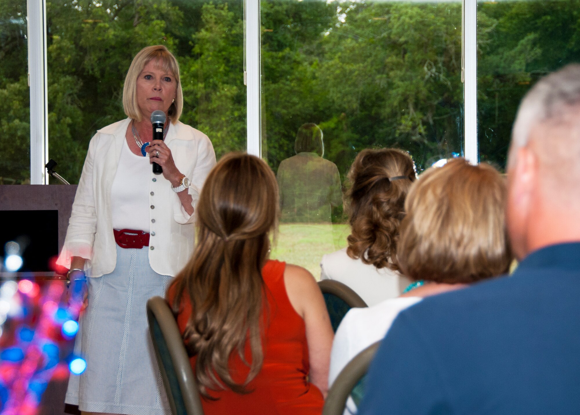 Suzie Schwartz, wife of Air Force Chief of Staff Gen. Norton Schwartz, answers questions from deployed spouses at the Eglin Club at Eglin Air Force Base, Fla., June 23, 2011.  She discussed the various programs available for military spouses and emphasized participation from everyone for their continued success. (U.S. Air Force photo/Randy Gon)