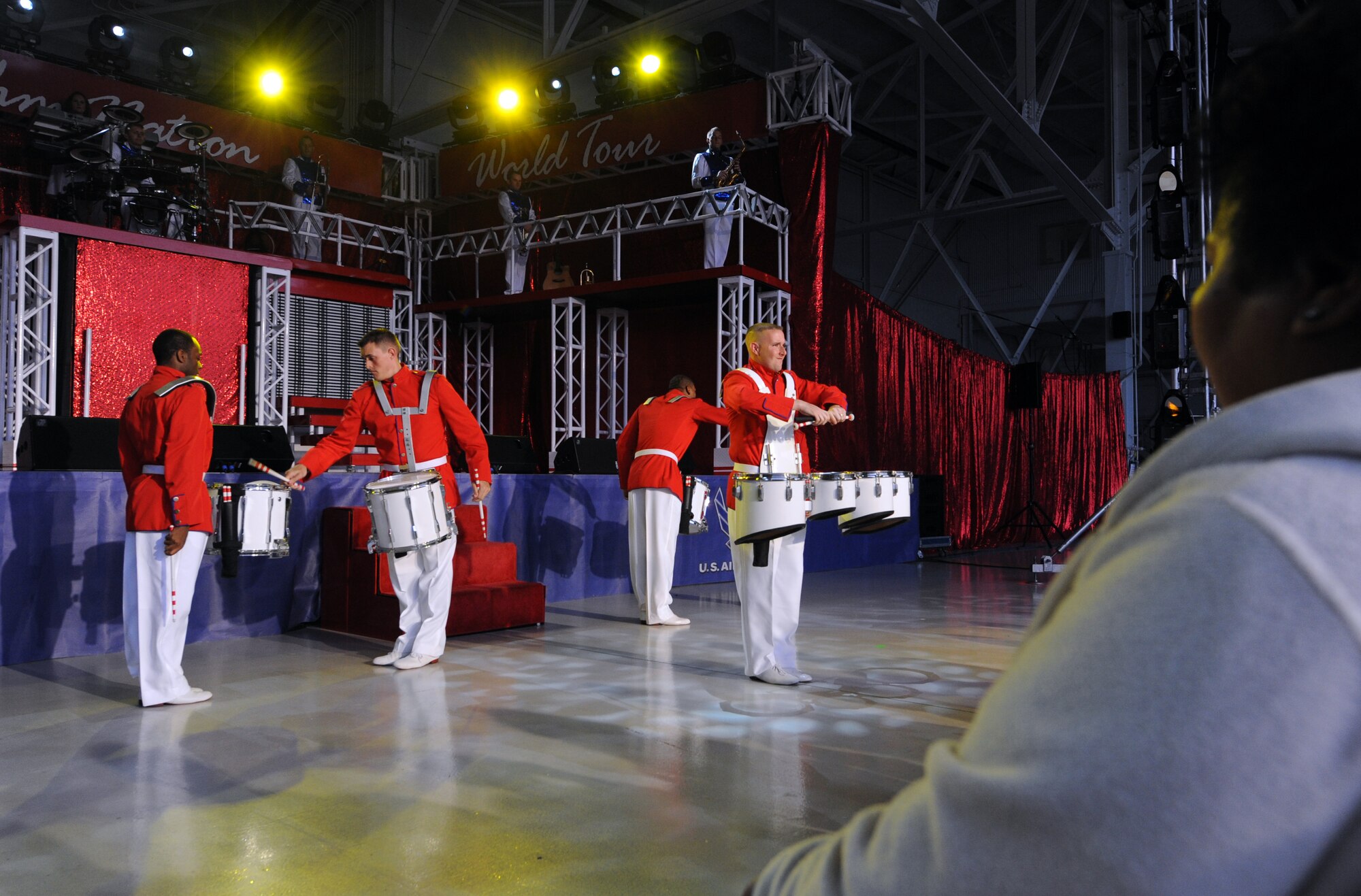 MOUNTAIN HOME AIR FORCE BASE, Idaho – Members of the Tops in Blue drum line perform for Gunfighters inside of hangar 1331 as part of their world tour 2011, June 18. In 1953 Maj. Al Reilly started an Air Force world-wide talent contest to recognize talented Airmen and discover the highest caliber of entertainment to provide to Air Force families around the world. (U.S. Air Force photo by Senior Airman Debbie Lockhart)