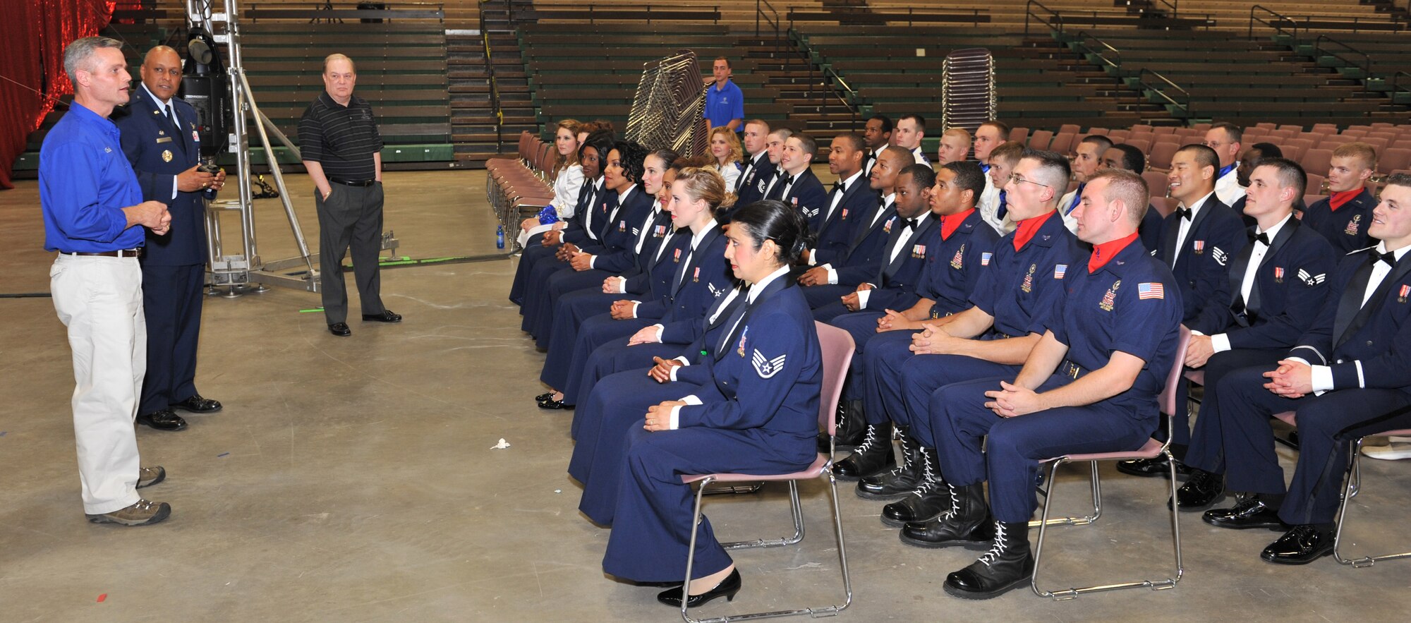 Chief Master Sgt. Chuck Anderson, far left, addresses the members of the 2011 Tops In Blue troupe following their performace at the Montana Expo Park's Four Season's Arena June 21. Chief Anderson is the 341st Missile Wing's newest command chief. (U.S. Air Force photo/John Turner)