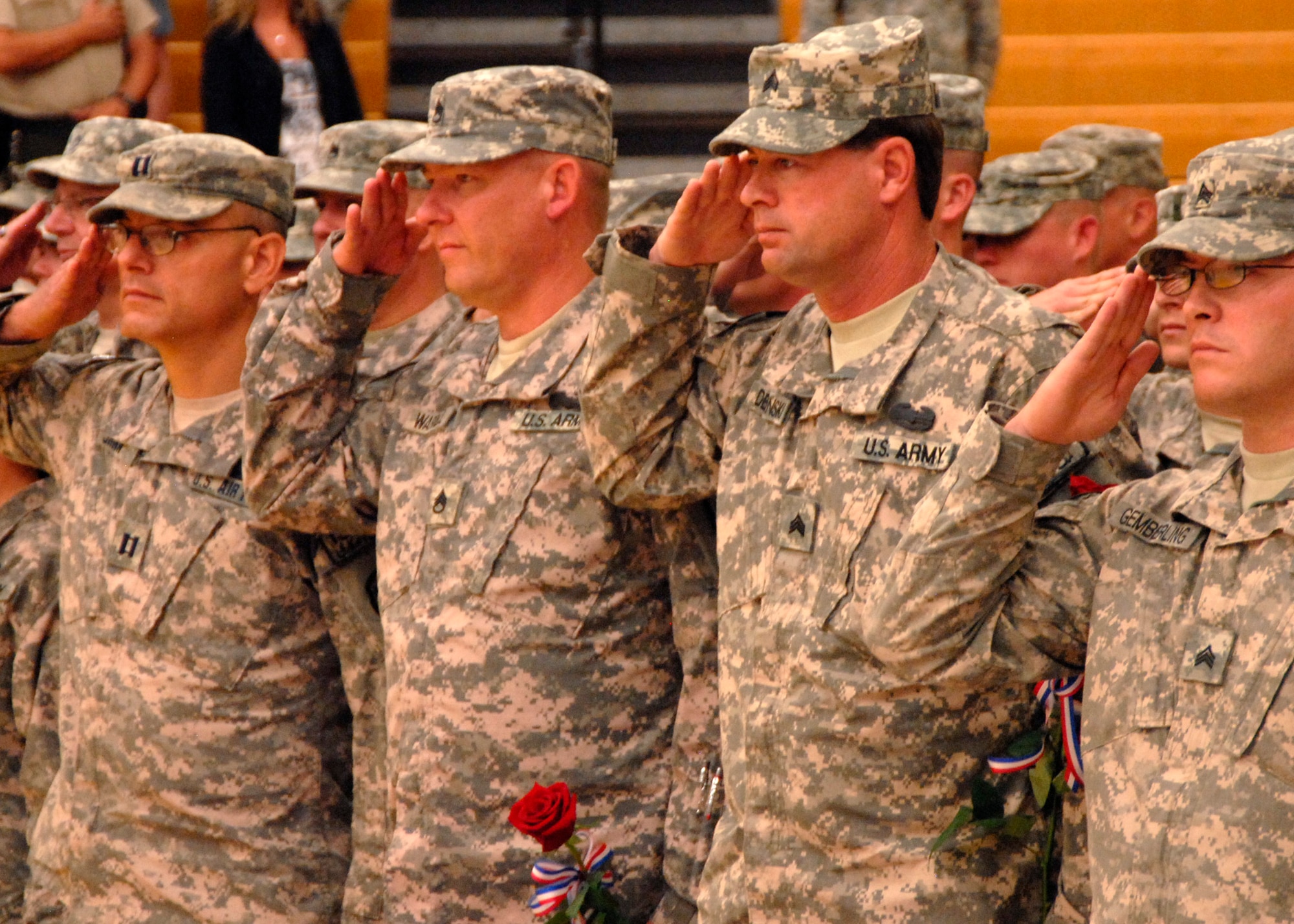 Sixty-four soldiers and airmen from the 734th Agri-Business Development Team (ADT)  are welcomed home on June 25, 2011, at Johnston High School, Johnston, Iowa, after serving a year in Afghanistan helping residents develop their agricultural efforts.  The 734th ADT was the first joint Iowa Army and Air National Guard unit to be deployed overseas. USAF Photo TSGT Brian Cox (Released).