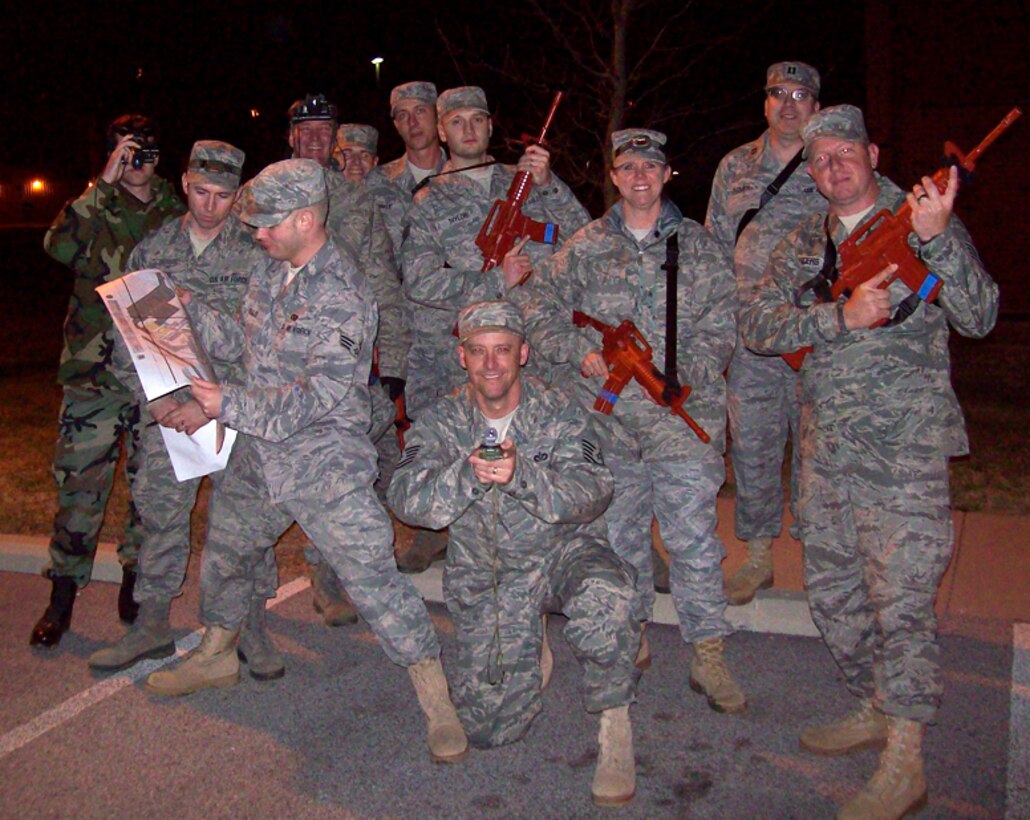 In the late (dark) Saturday evening hours on a recent Unit Training Assembly, the 932d Civil Engineer Squadron performed Night Operations and Land Navigation training.  Members divided into teams where each team received navigation training utilizing a compass, map, and night vision goggles.  A fun time of training was enjoyed by all the Air Force Reserve Command members at the 932nd Airlift Wing, located only 20 minutes from Saint Louis at Scott Air Force Base.  (Photo submitted by Lt. Col. Lori Walden)