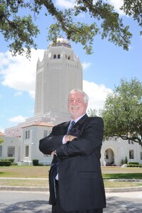 Scott Shepherd, 902nd Civil Engineer Squadron, and winner of the Historic Preservation Award, poses for a photo in front of the 12th Flying Training Wing Headquarters (the Taj) on Randolph AFB June 27, 2011 (U.S. Air Force photo/Rich McFadden) (released)