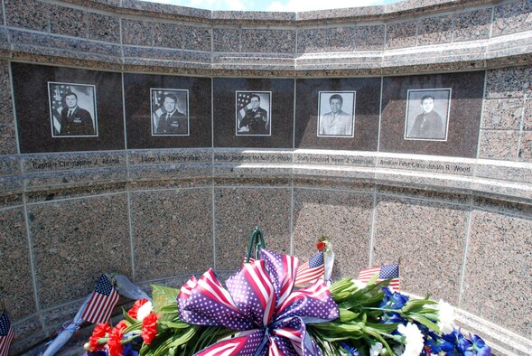 PATRICK AIR FORCE BASE, Fla.- The 920th Rescue Wing here held a ceremony for the victims of Khobar Towers. From left to right: Capt. Christopher J. Adams, Capt. Leland T. Haun, Master Sgt. Michael G. Heiser, Staff Sgt. Kevin J. Johnson and Airman First Class Justin R. Wood were the five airmen from Patrick that lost their lives 15 years ago. This is the 15th year anniversary of the bombing. (U.S. Air Force photo/Airman First Class Natasha Dowridge) 
