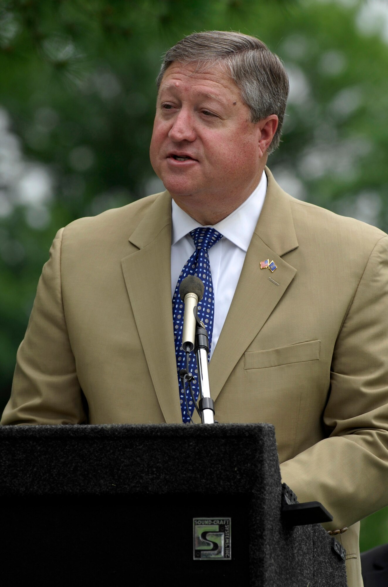 Secretary of the Air Force Michael Donley speaks at a remembrance ceremony, June 25, 2011, at Arlington National Cemetery, Va., to mark the 15th anniversary since the Khobar Towers bombing. Nineteen Airmen were killed in the terrorist bombing, June 25, 1996, at Dhahran Air Base, Saudi Arabia. (U.S. Air Force photo/Staff Sgt. Tiffany Trojca)