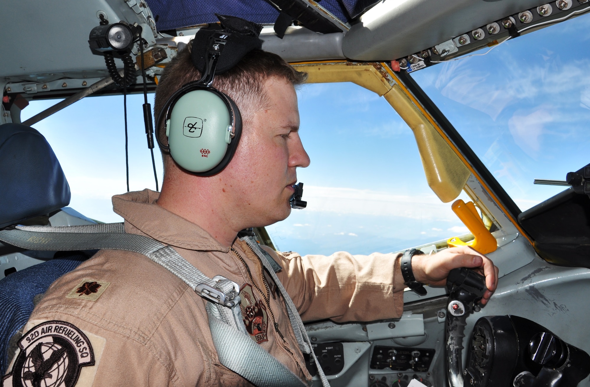 Maj. Jeff Schrum pilots a KC-135 Stratotanker over the Arctic Circle and the North Pole on June 21, 2011, during a historic mission from the United States to Kyrgyzstan. The tanker crew flew through Russian air space as part of an “iron swap” mission along a new, more efficient route from Moses Lake, Wash., to the Transit Center at Manas, Kyrgyzstan.  Major Schrum is assigned to the 92nd Air Refueling Squadron at Fairchild Air Force Base, Wash. (U.S. Air Force Photo/Capt. Kathleen Ferrero)