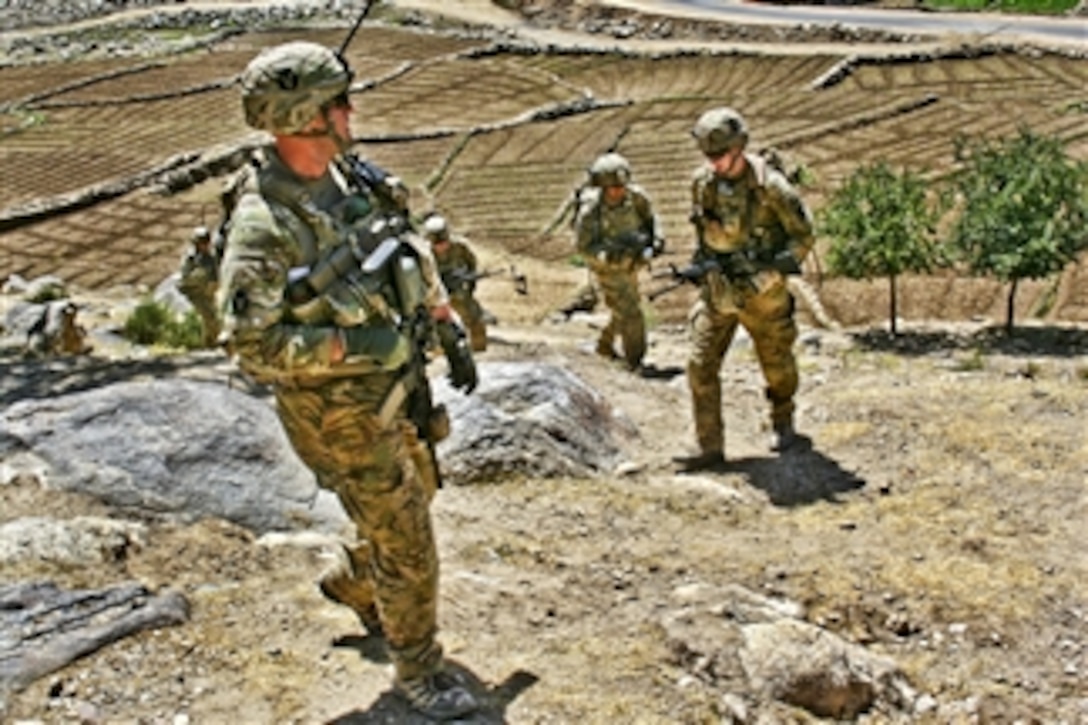 U.S. Army 1st Lt. John Dundee (left) leads a group of soldiers from the town of Gomerai, back to Combat Outpost Najil in Laghman province, Afghanistan, on June 15, 2011.  Dundee is a platoon leader assigned to Company A, 1st Battalion, 133rd Infantry Regiment.  