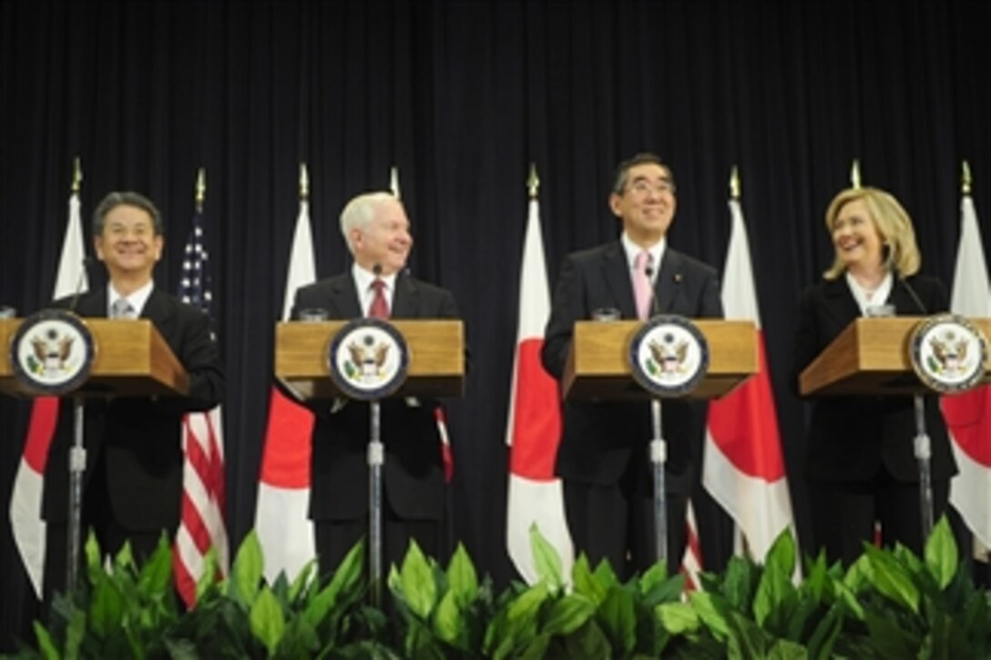 Secretary of Defense Robert M. Gates and Secretary of State Hillary Rodham Clinton attend a press conference with Japanese Foreign Minister Takeaki Matsumoto (right) and Defense Minister Toshimi Kitazawa following a meeting at the State Department, Washington, D.C., on June 21, 2011.  The meeting reaffirmed bilateral commitments and underscored the strength of the alliance between the U.S. and Japan.  